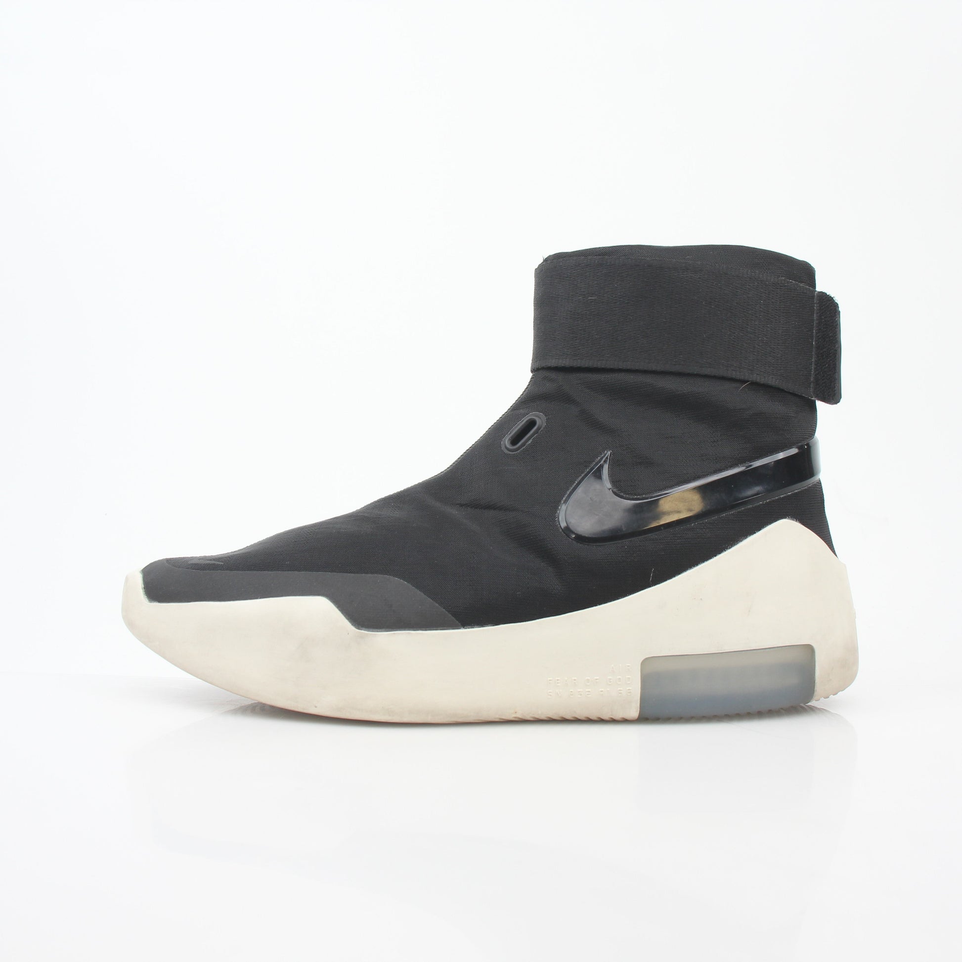Black Nike x Fear of God Air Fear of God 1 high-top sneakers styled for men, showcasing sleek design and premium materials.