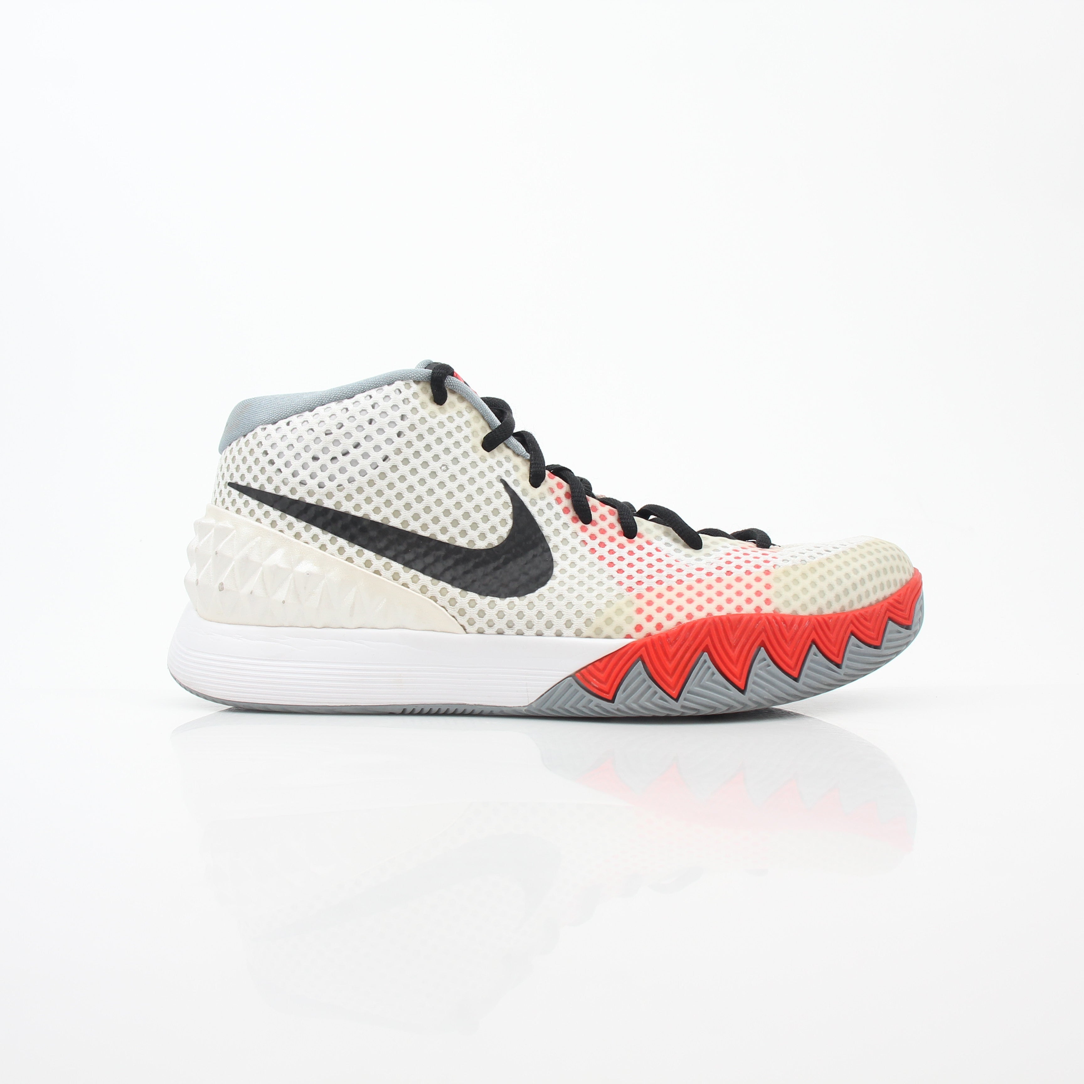 Nike Kyrie 1 Dream White basketball shoes with white and black accents, sporty design, and Nike branding.