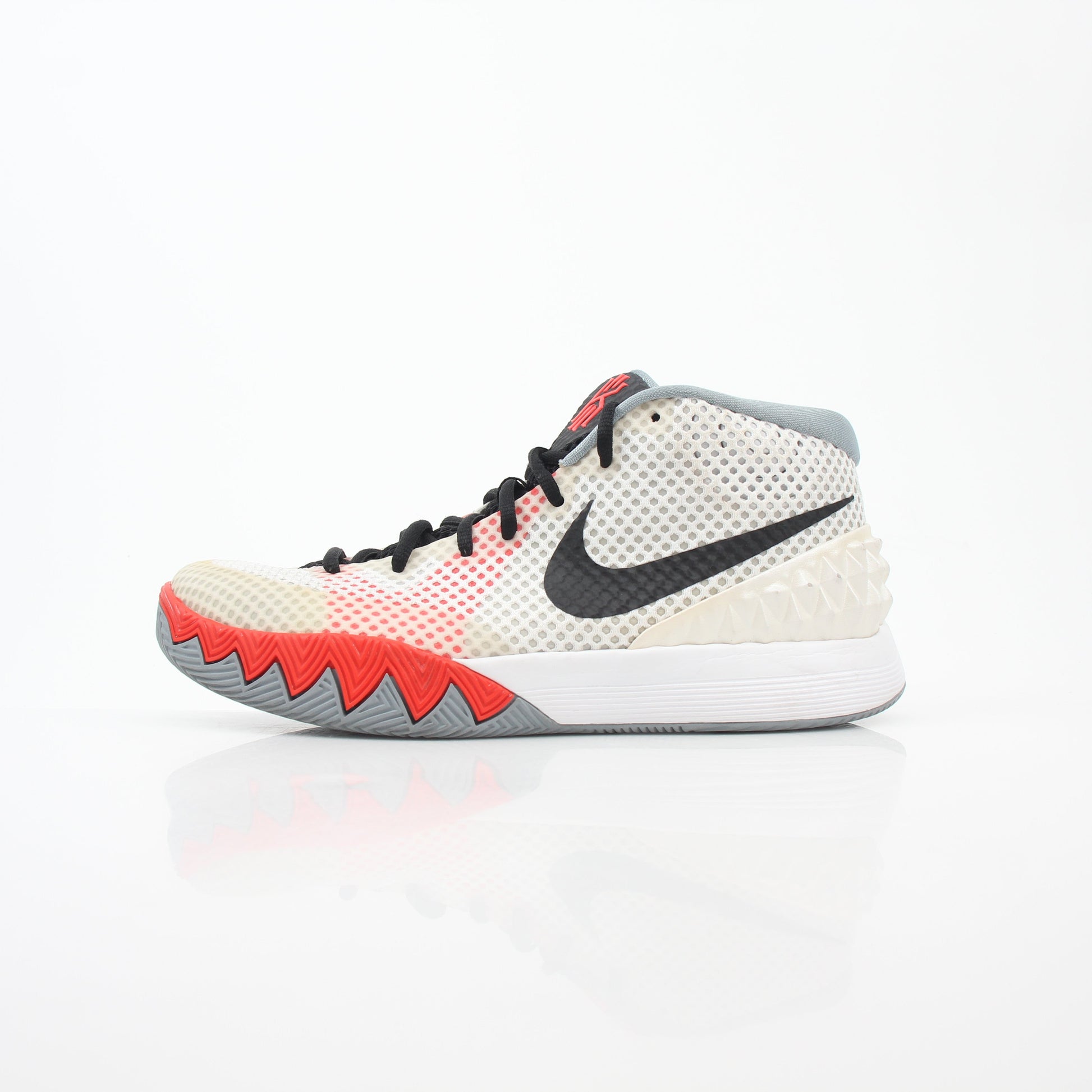 Gold & Beyond Nike Kyrie 1 Dream White basketball sneakers, side view showing sleek white design and sporty details.