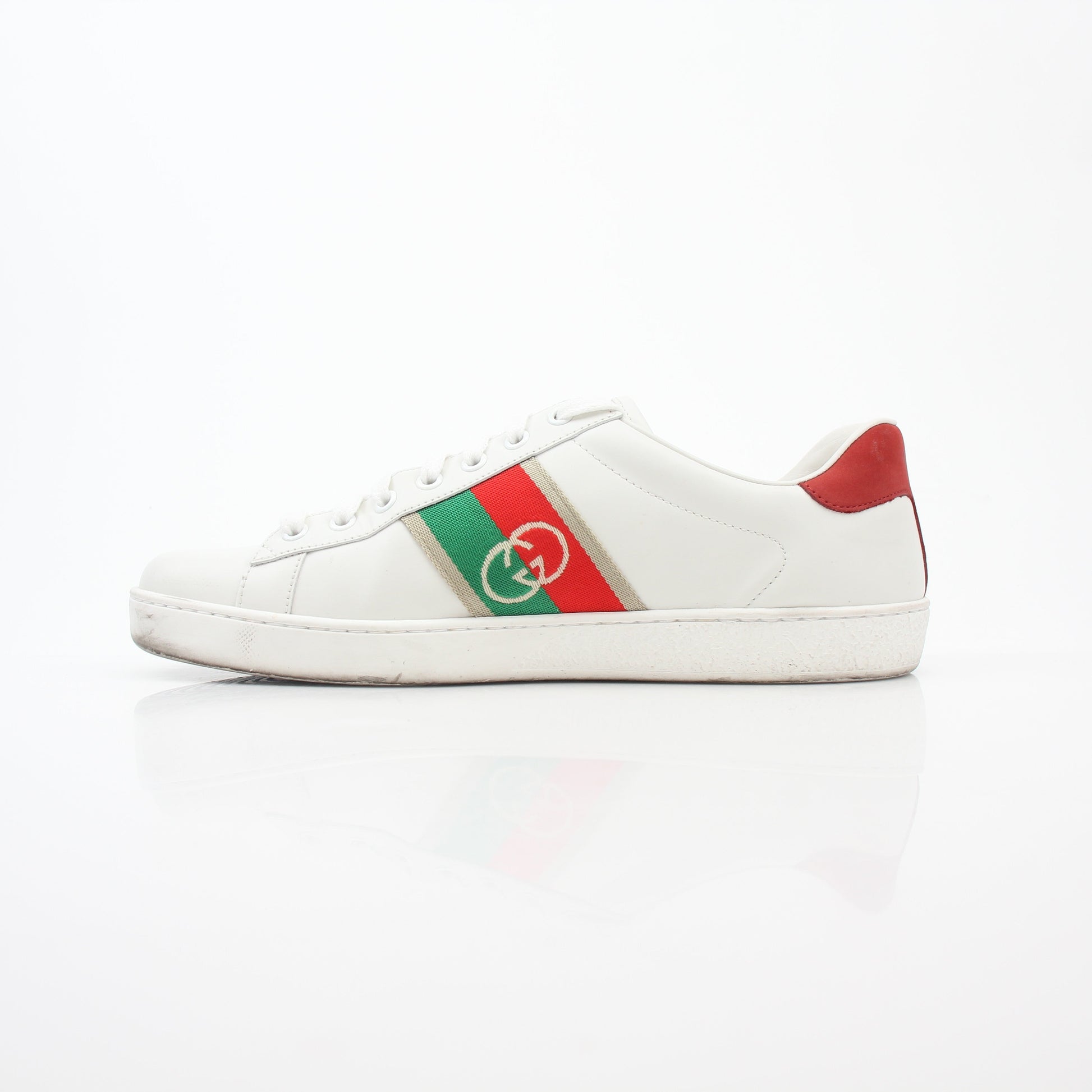 White Gucci Ace interlocking G web leather sneakers, stylish shoes with classic branding and sleek design.