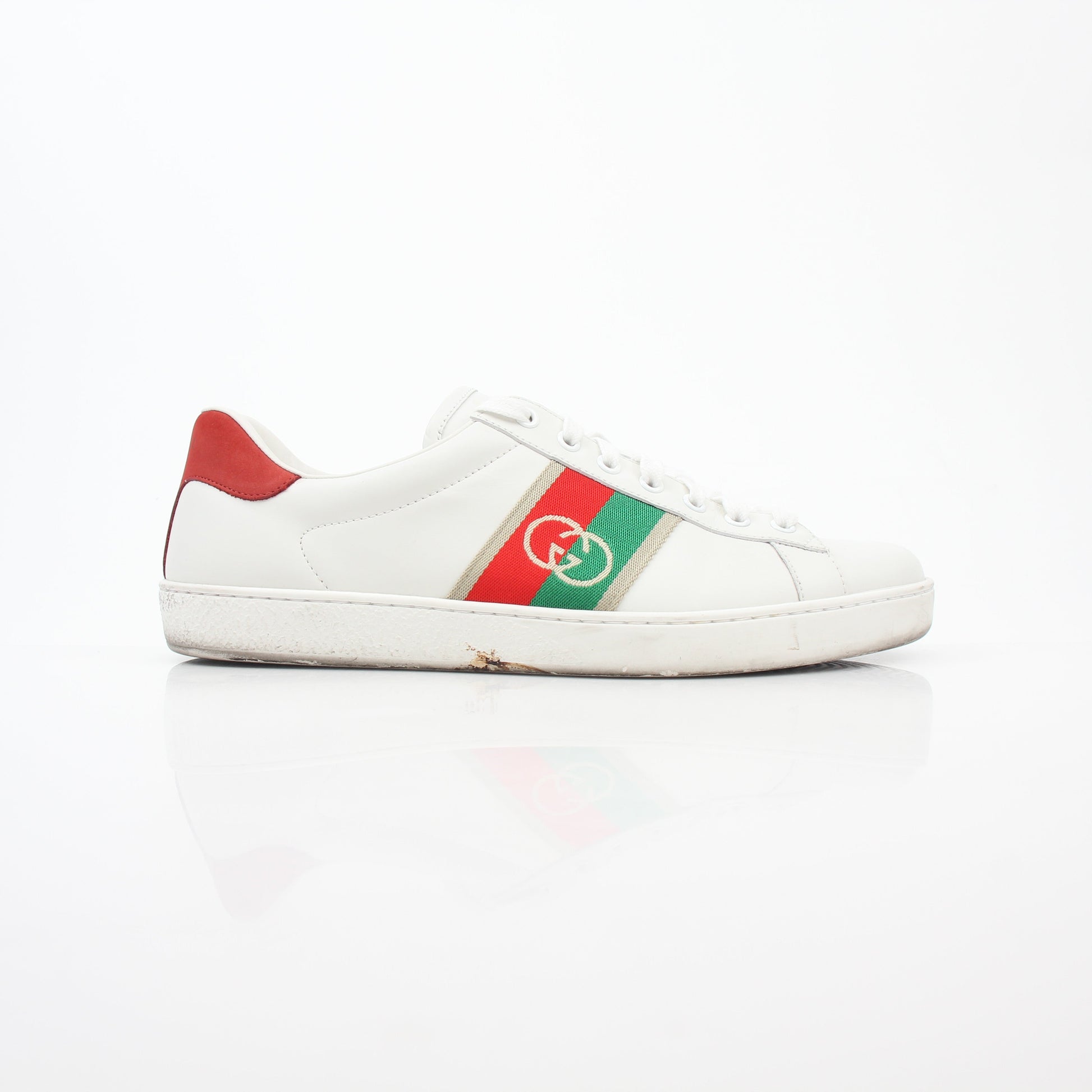 Gucci White Ace Interlocking G Web Leather Sneakers with logo details, casual shoe style for men and women