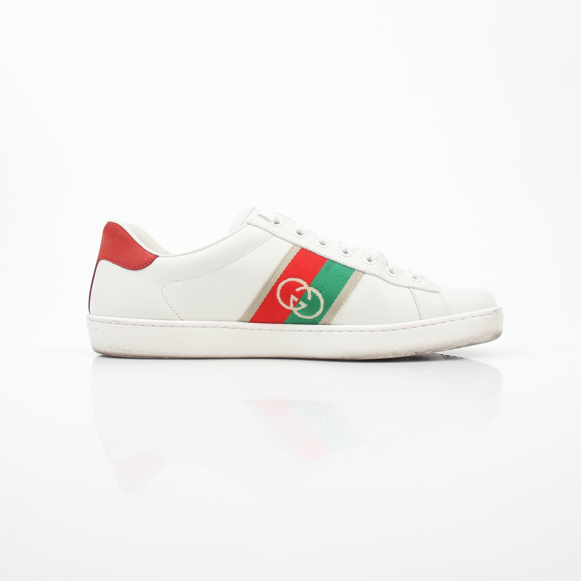 Gucci White Ace Interlocking G Web Leather Sneakers with gold accents, showcasing stylish design and premium craftsmanship.