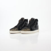 Black Christian Louboutin Lou Spikes Orlato high-top sneakers with spikes and gold accents, displayed on a white background.