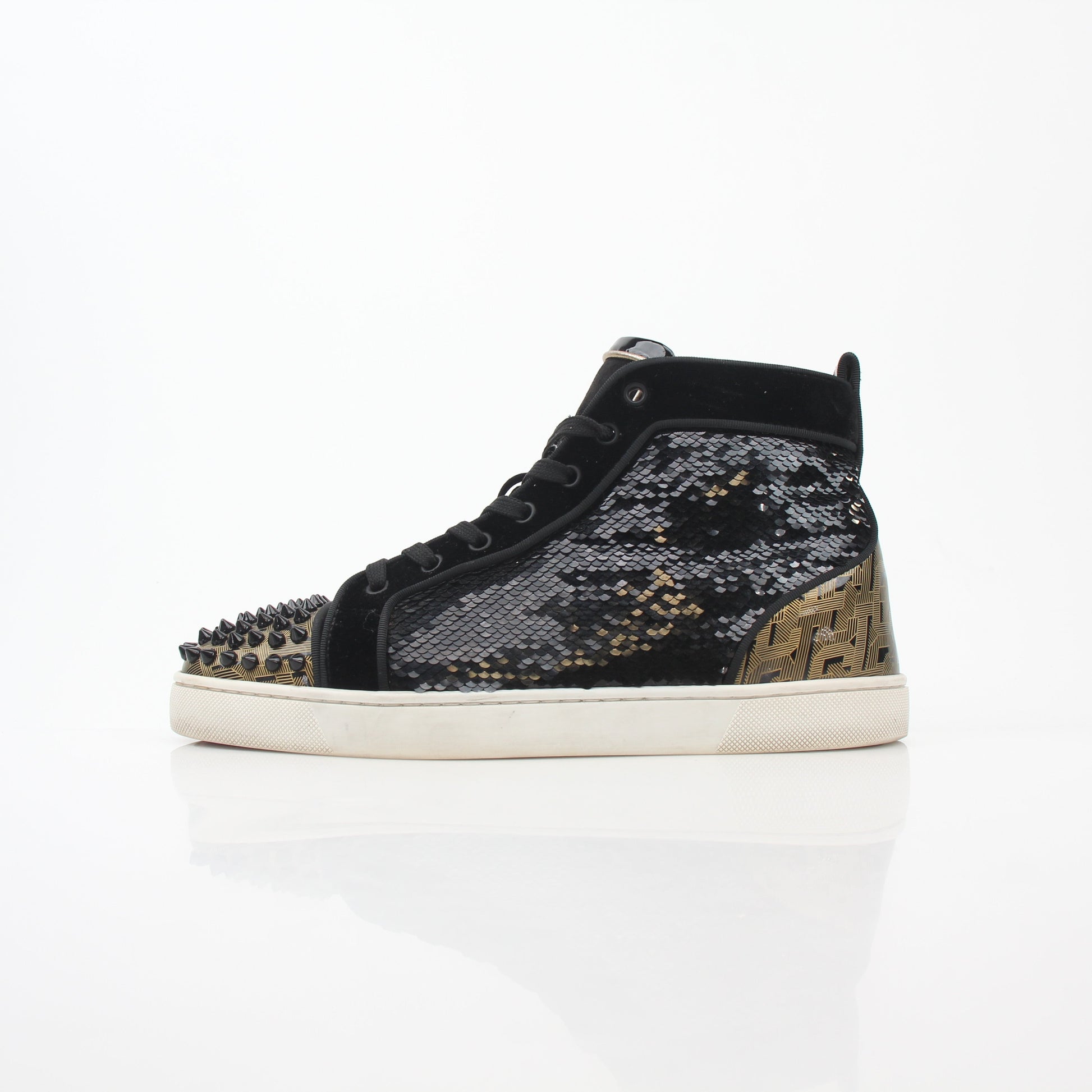 Christian Louboutin Black Lou Spikes Orlato high-top sneakers with spike details and signature red soles, stylish and eye-catching shoes.