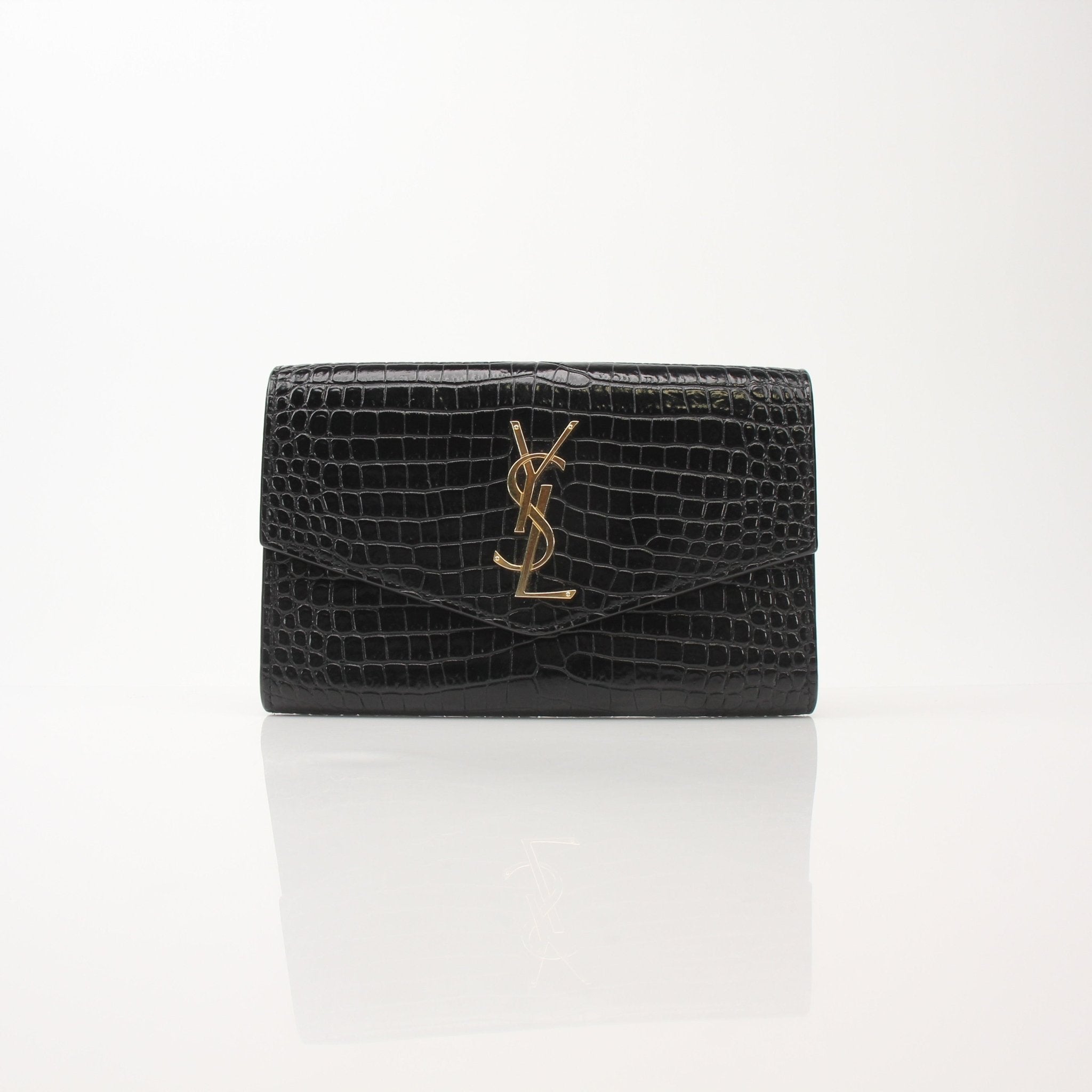 Saint Laurent Uptown Chain Wallet by Gold & Beyond, featuring a sleek design with chain strap and classic leather finish.