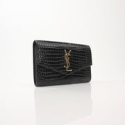 Gold & Beyond Saint Laurent Uptown Chain Wallet with gold chain strap and sleek leather design, front view showing logo and details.