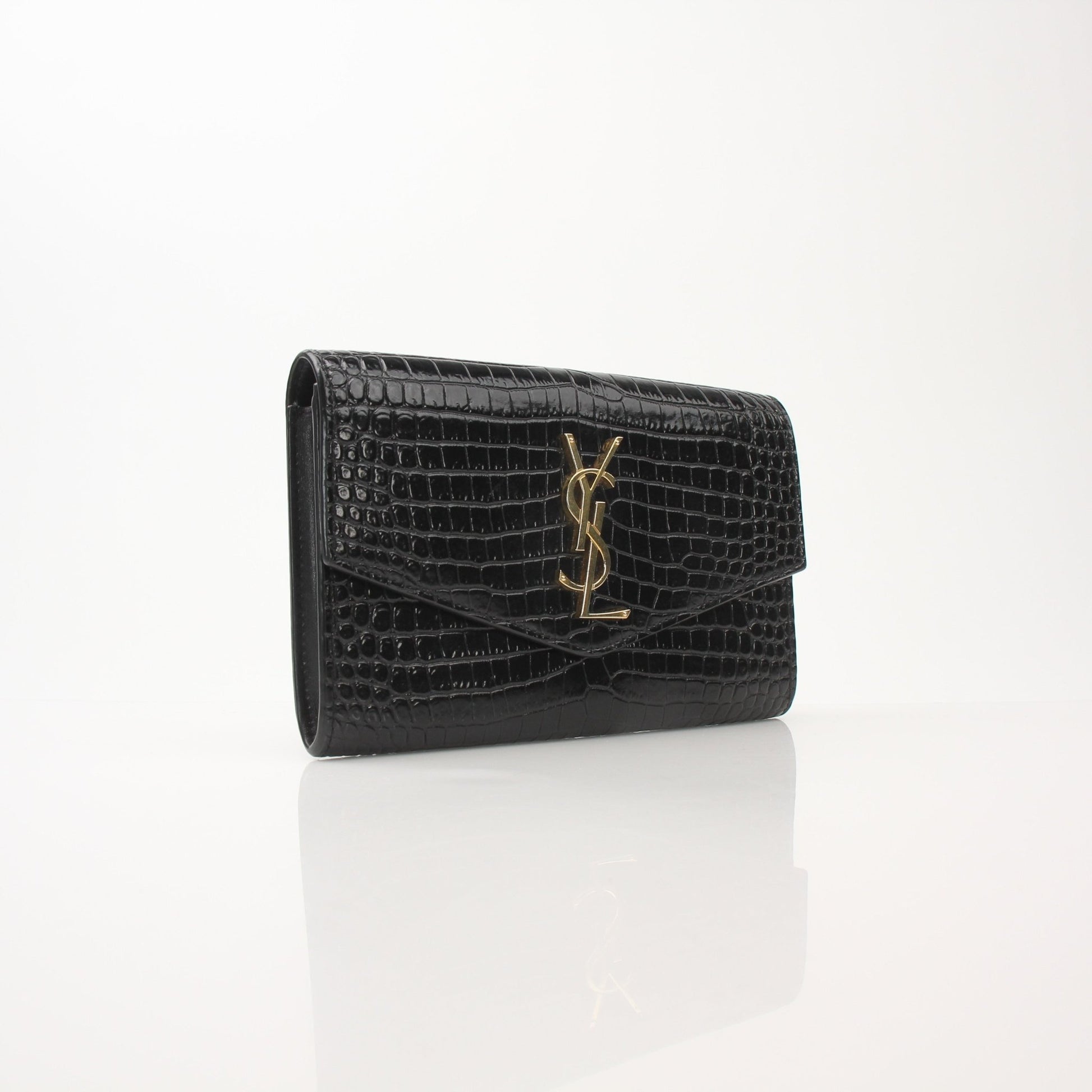Gold & Beyond Saint Laurent Uptown Chain Wallet with gold chain strap and sleek leather design, front view showing logo and details.