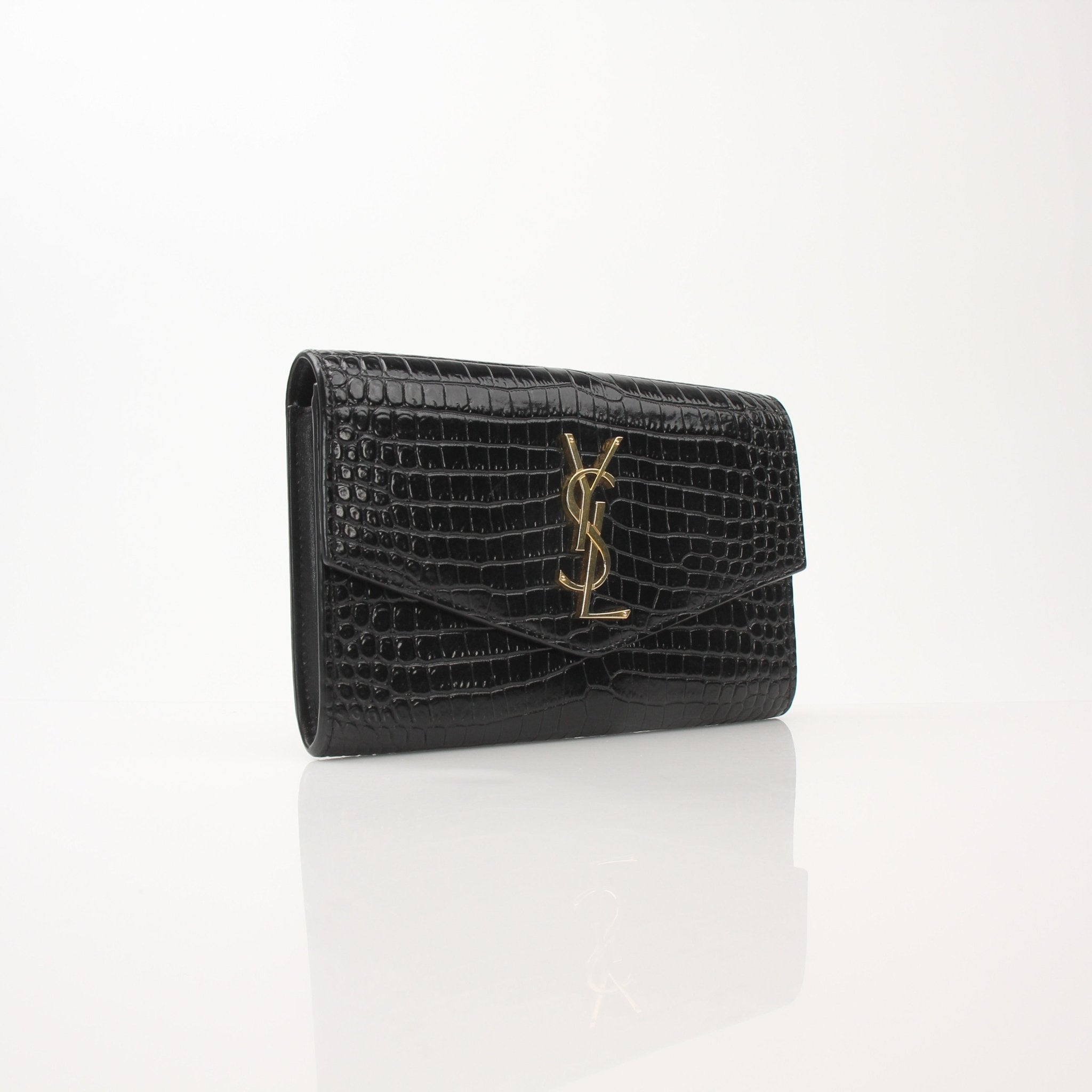 Gold & Beyond Saint Laurent Uptown Chain Wallet with gold chain strap and sleek leather design, front view showing logo and details.