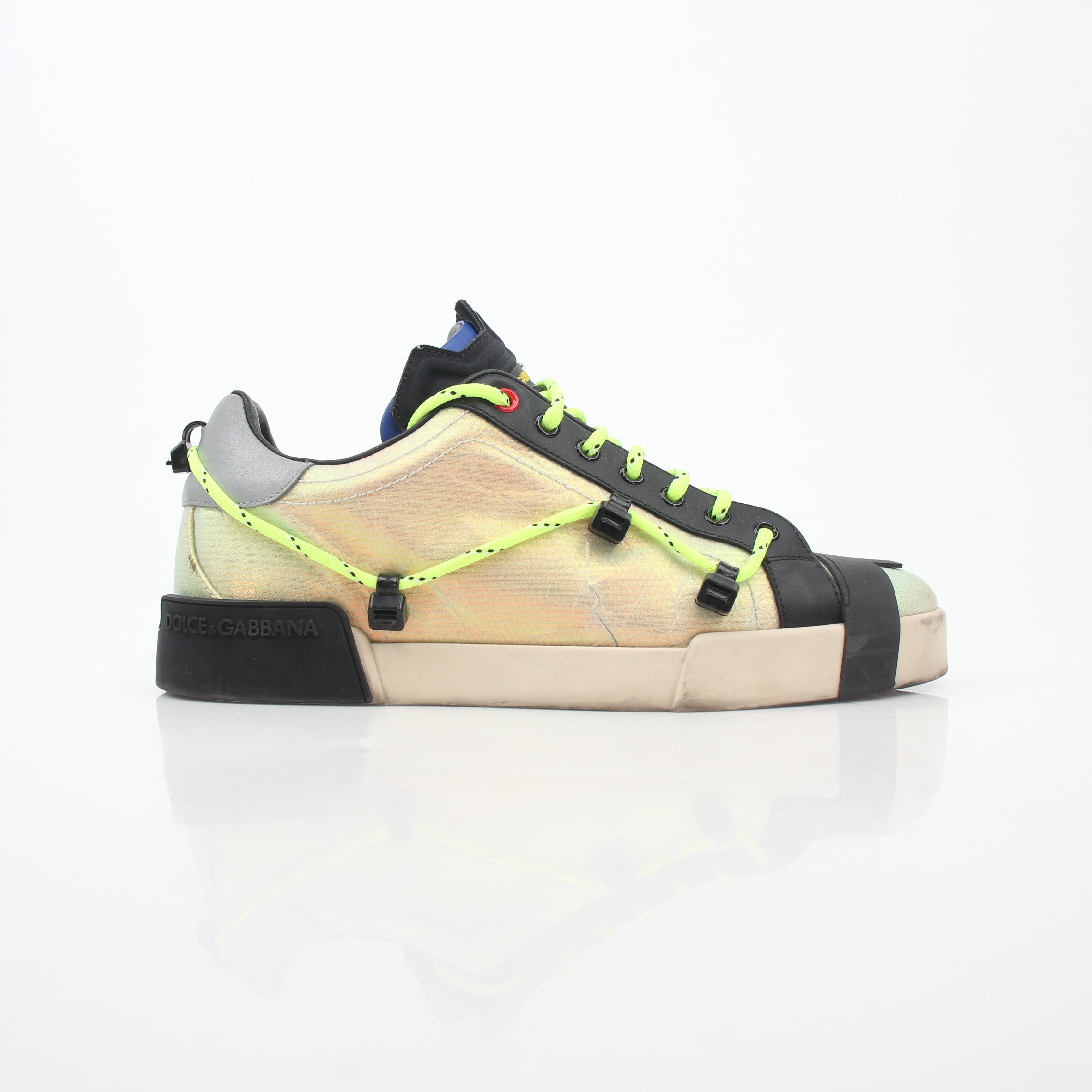 Dolce & Gabbana Neon Green Gold Portofino Sneakers with metallic accents and white soles, displayed on a white background.