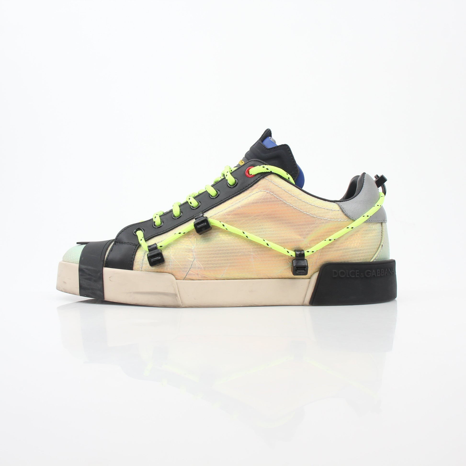Gold & Beyond neon green and gold Portofino sneakers with stylish design, featuring vibrant colors and sleek shoe details.