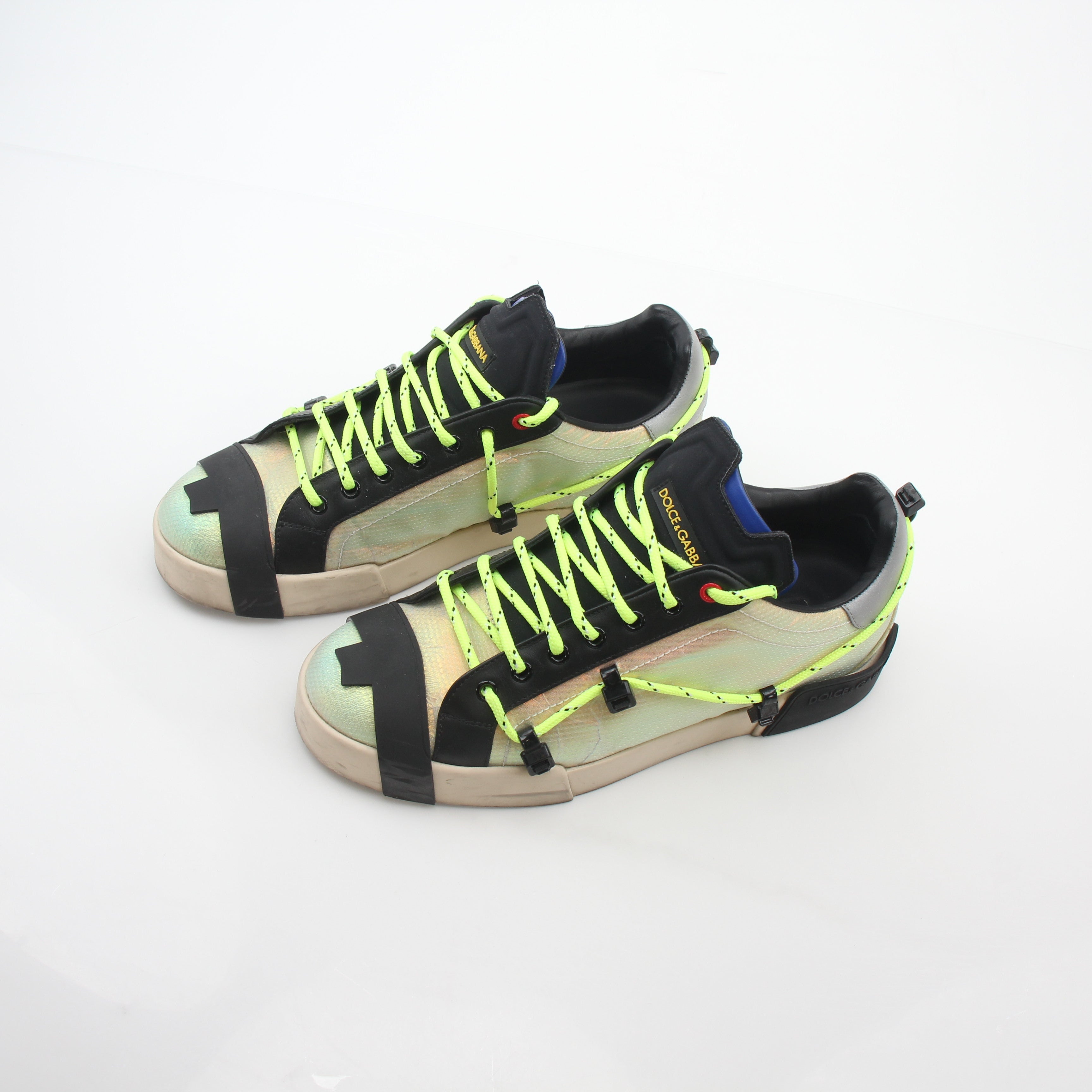 Dolce & Gabbana Neon Green Gold Portofino sneakers by Gold & Beyond, showcasing vibrant neon green and gold accents on shoes.