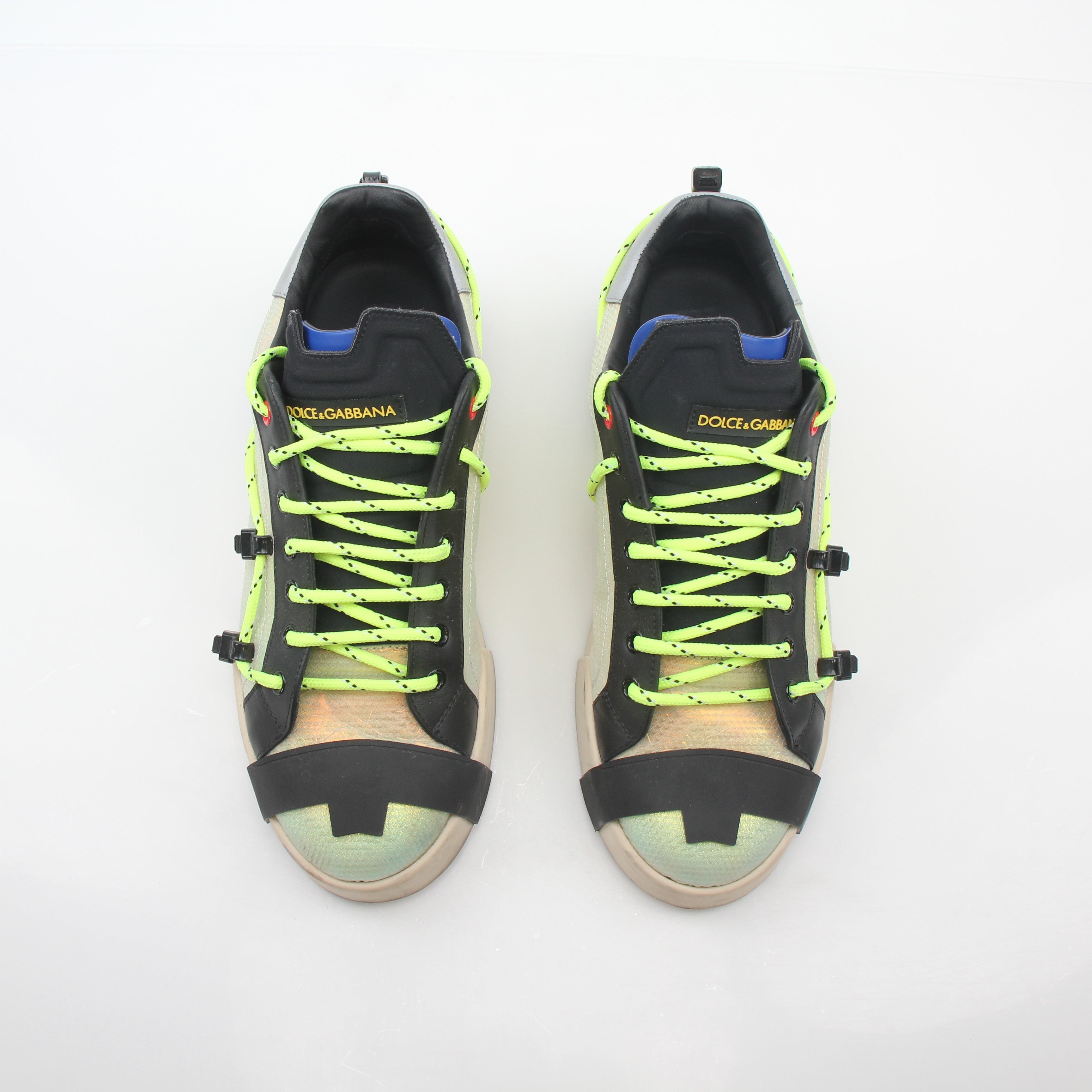 Gold & Beyond neon green and gold Portofino sneakers with stylish design and branding, side view showing vibrant colors and details.