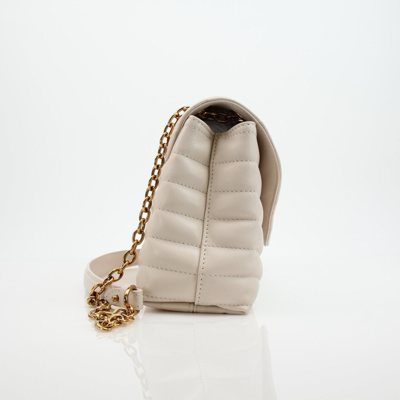 Louis Vuitton New Wave cream chain handbag by Gold & Beyond featuring a stylish cream leather design and gold chain strap.