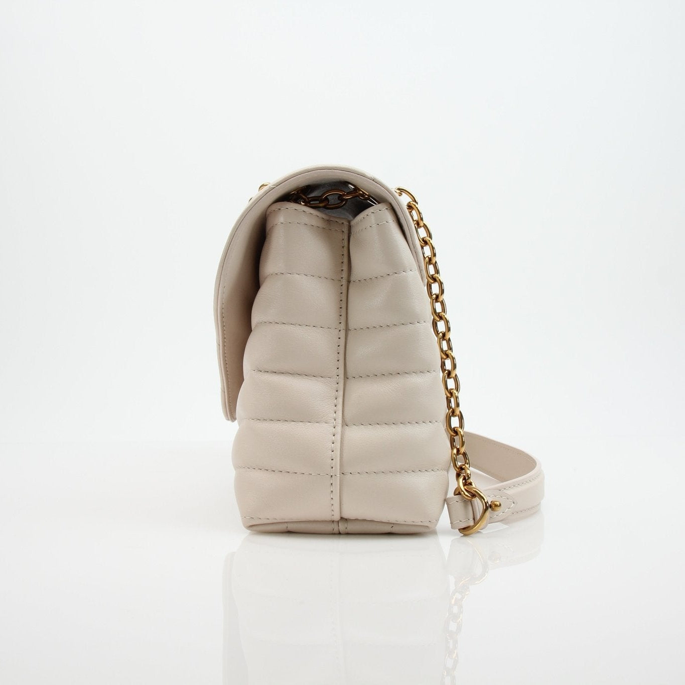 Louis Vuitton New Wave cream chain handbag by Gold & Beyond, featuring a stylish cream-colored leather design with a gold chain strap.