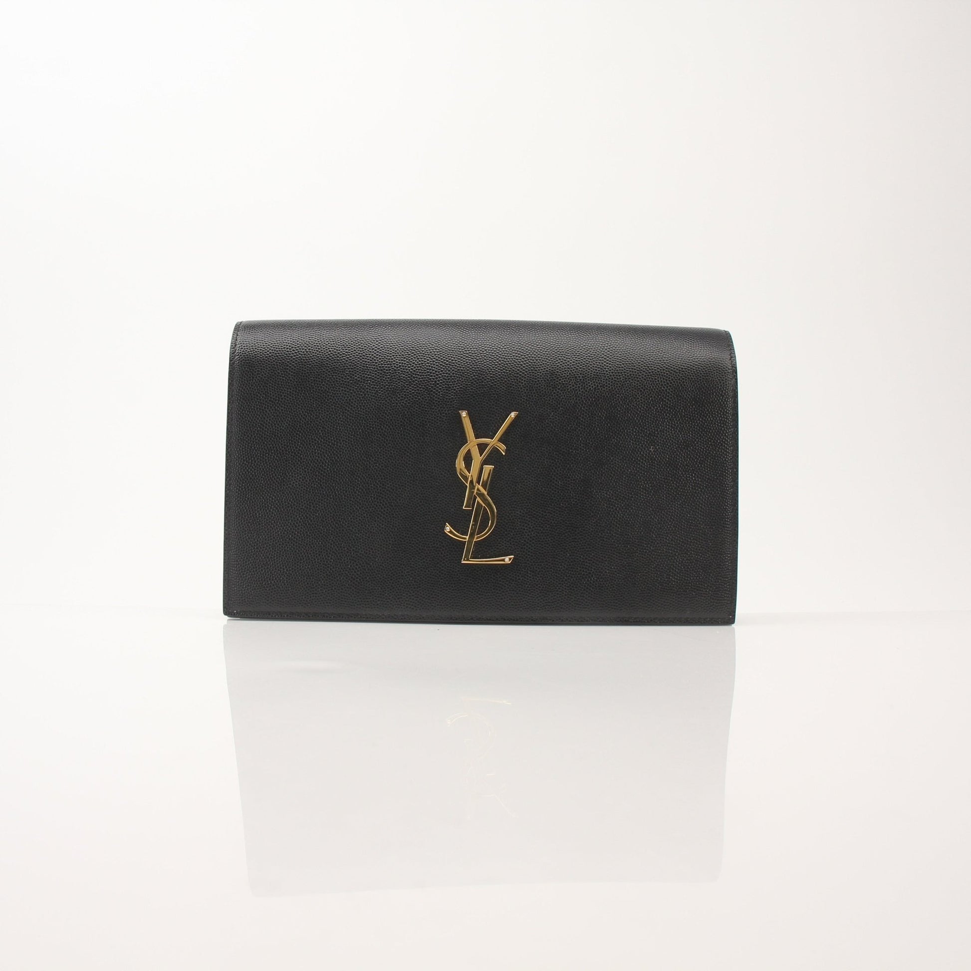 Saint Laurent YSL Grain de Poudre Kate Clutch shoes in gold with textured grain detail and elegant design.