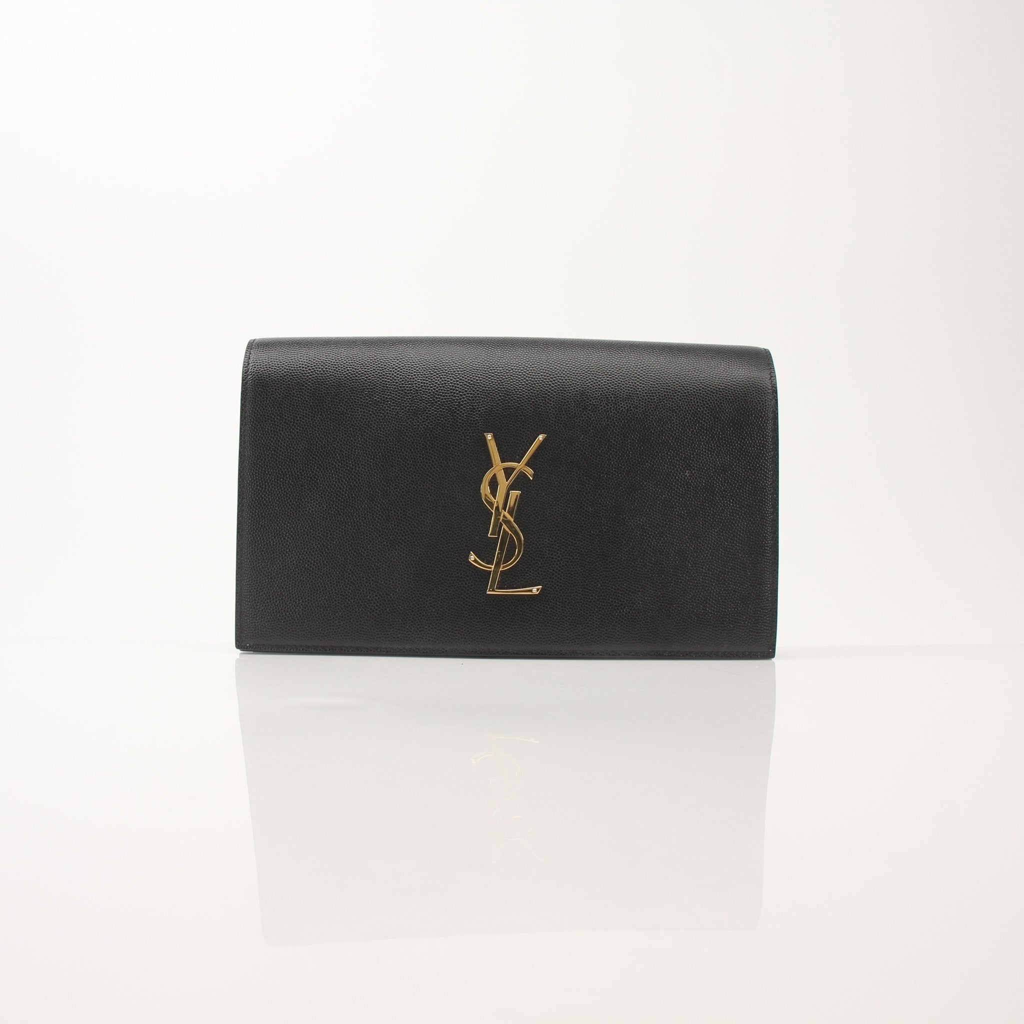 Saint Laurent YSL Grain de Poudre Kate Clutch shoes in gold with textured grain detail and elegant design.