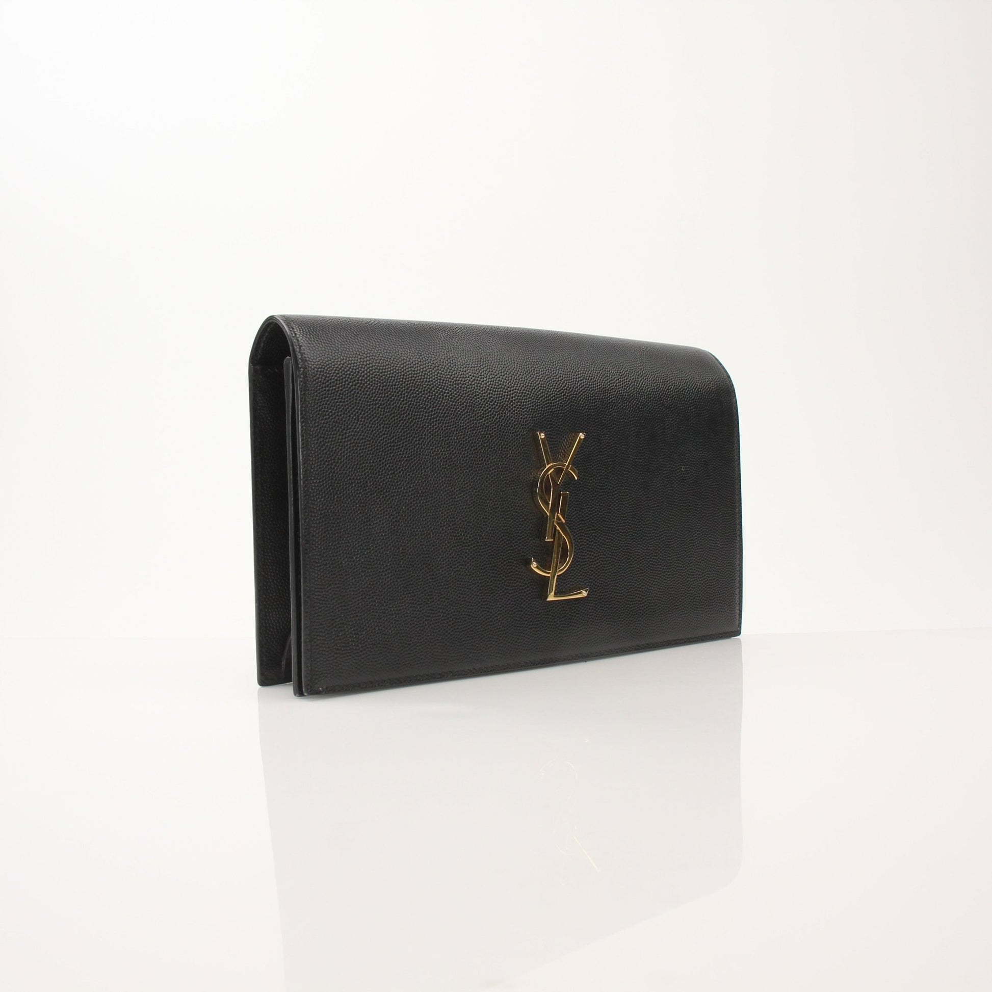 Saint Laurent YSL Grain de Poudre Kate Clutch shoes in gold with textured grain finish, featuring a sleek, elegant design.