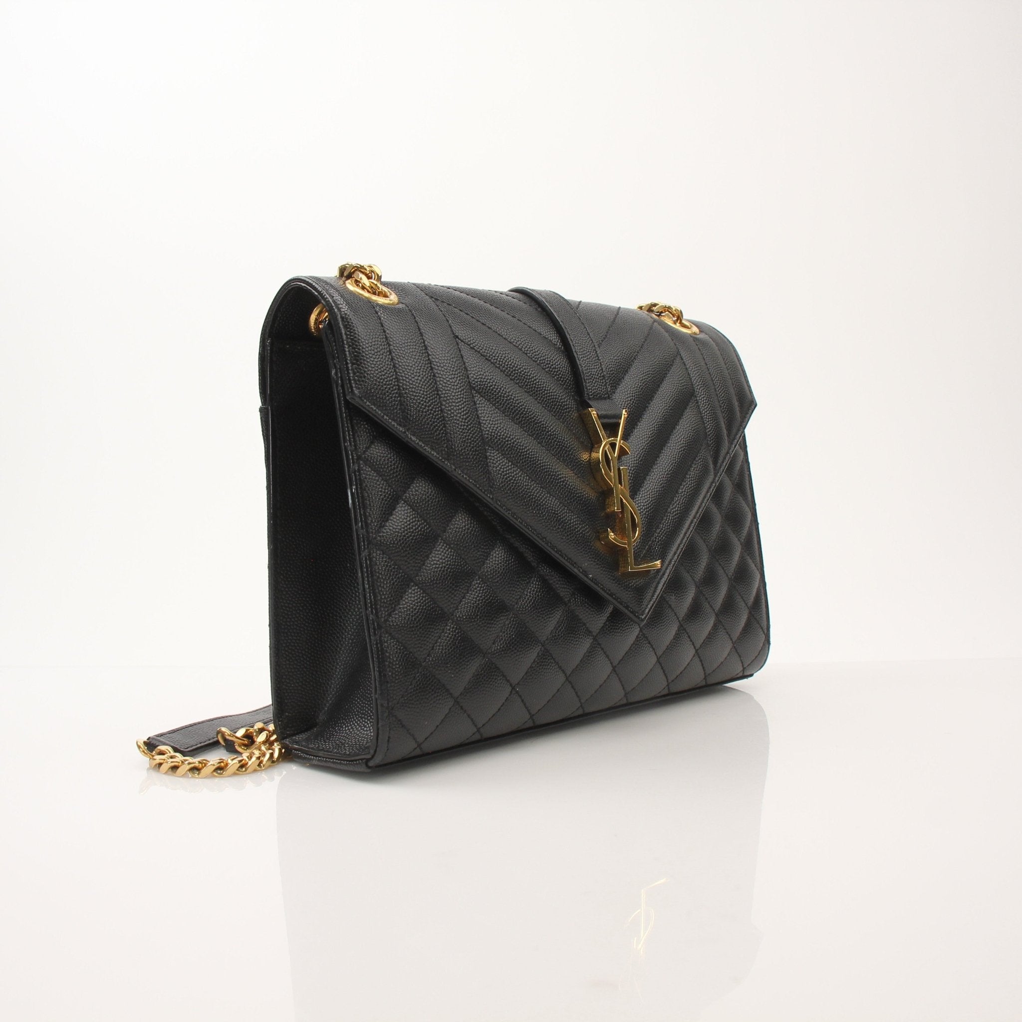 Gold & Beyond Saint Laurent Envelope Triquilt grained leather shoulder handbag with flap closure and gold-tone hardware.
