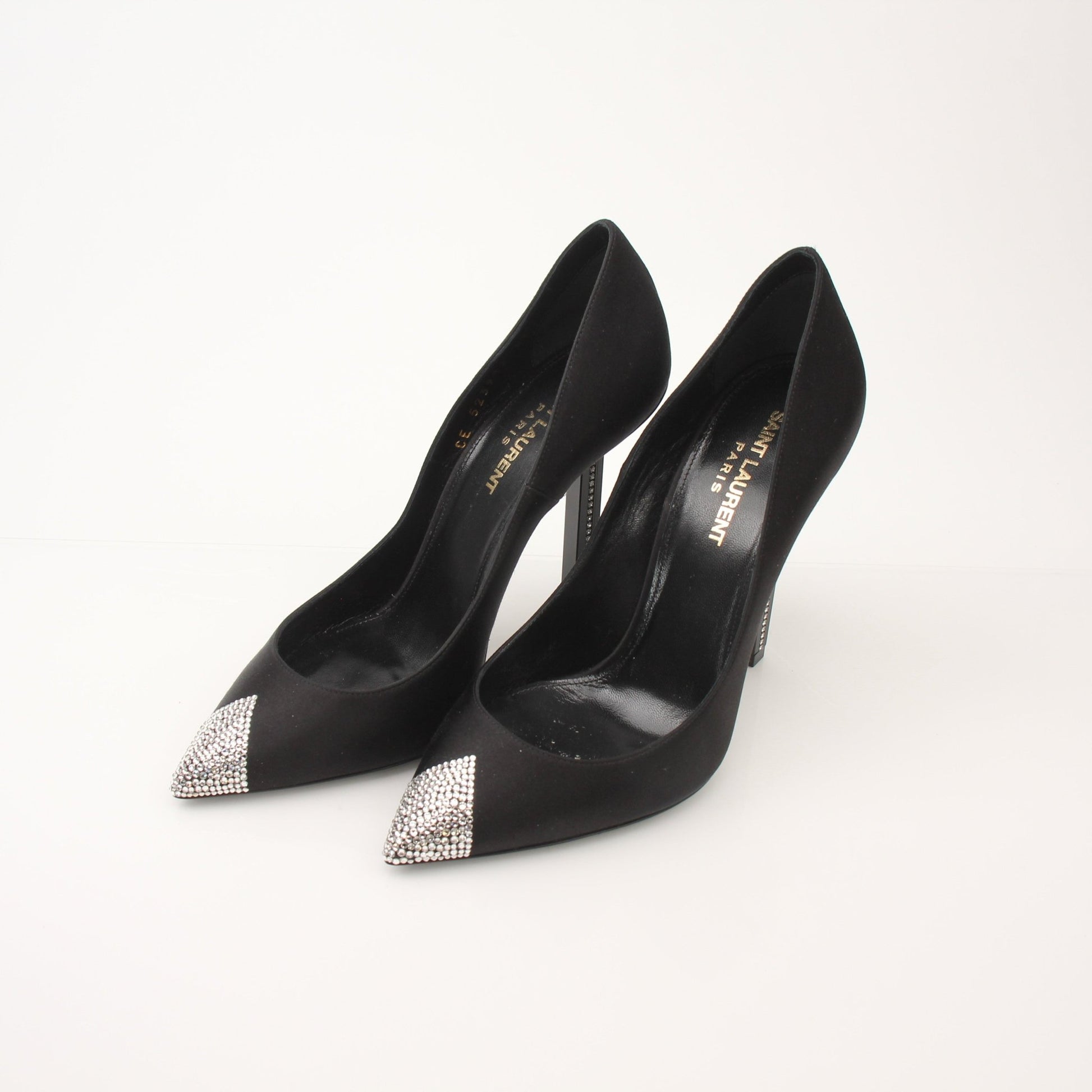 Gold & Beyond Saint Laurent Women's Tower 110 Pumps shoes, stylish black high heels with pointed toes and sleek design.