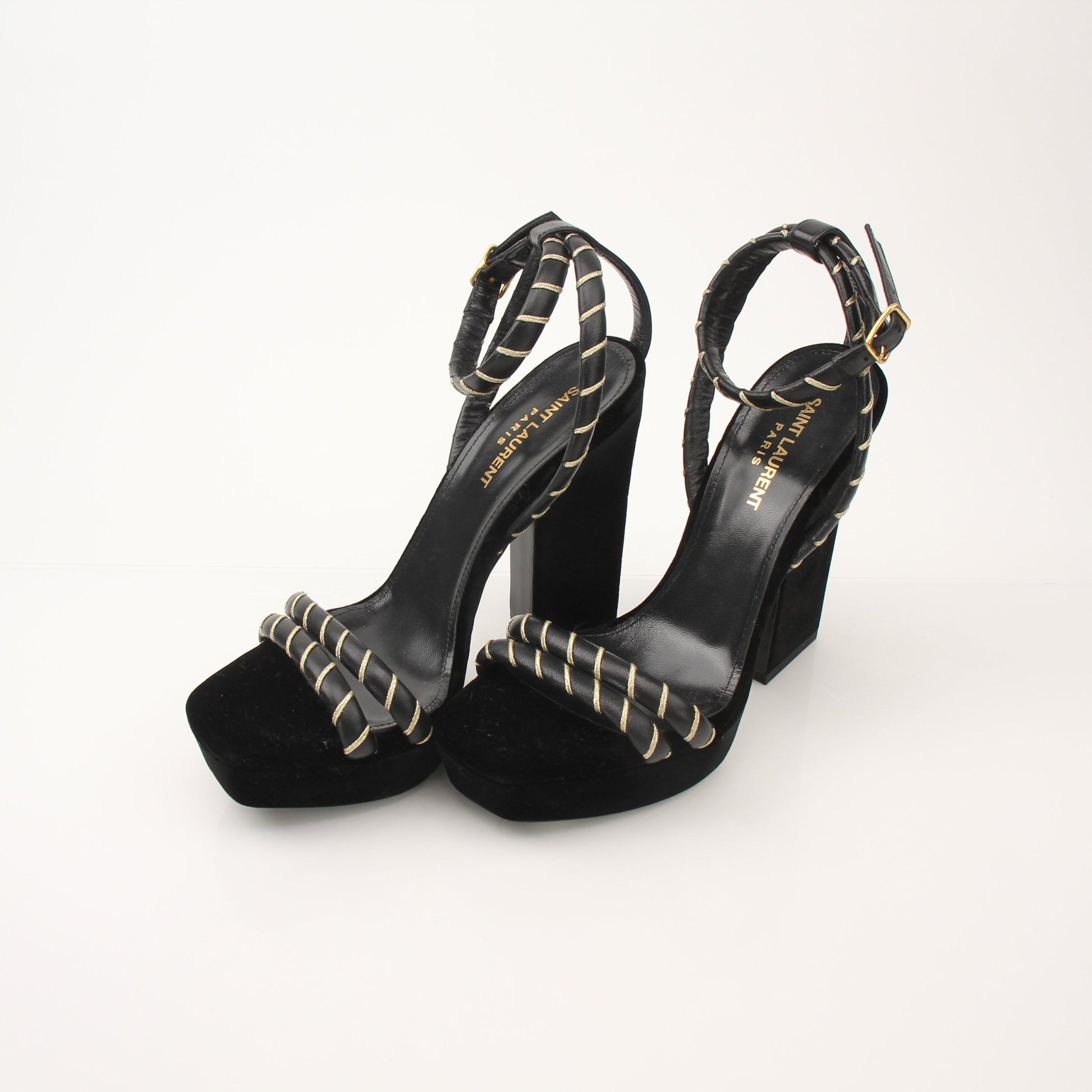 Gold & Beyond Saint Laurent Debbie ankle strap platform heels for women, featuring high heels, ankle straps, and a sleek design.