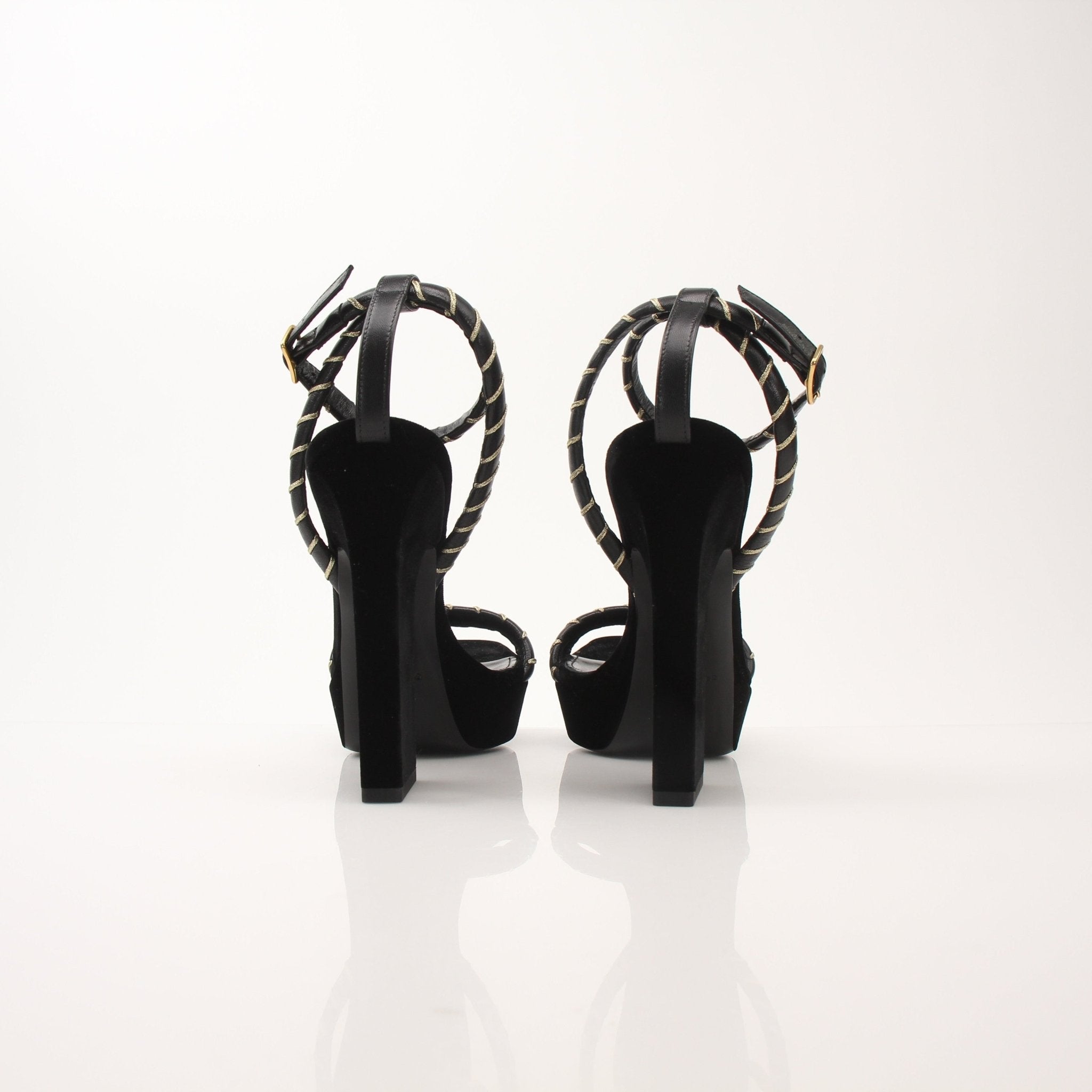 Gold & Beyond Saint Laurent Debbie ankle strap platform sandals for women, featuring stylish heels and ankle straps.