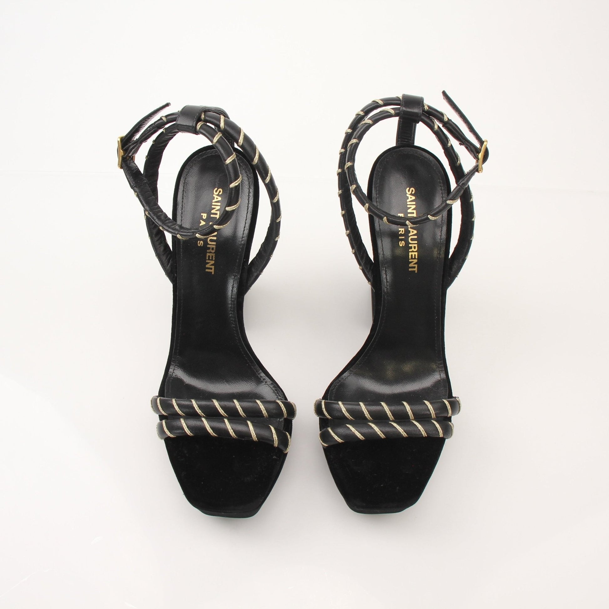 Gold & Beyond Saint Laurent Debbie ankle strap platform sandals for women, showing the stylish heels with ankle straps and high soles.