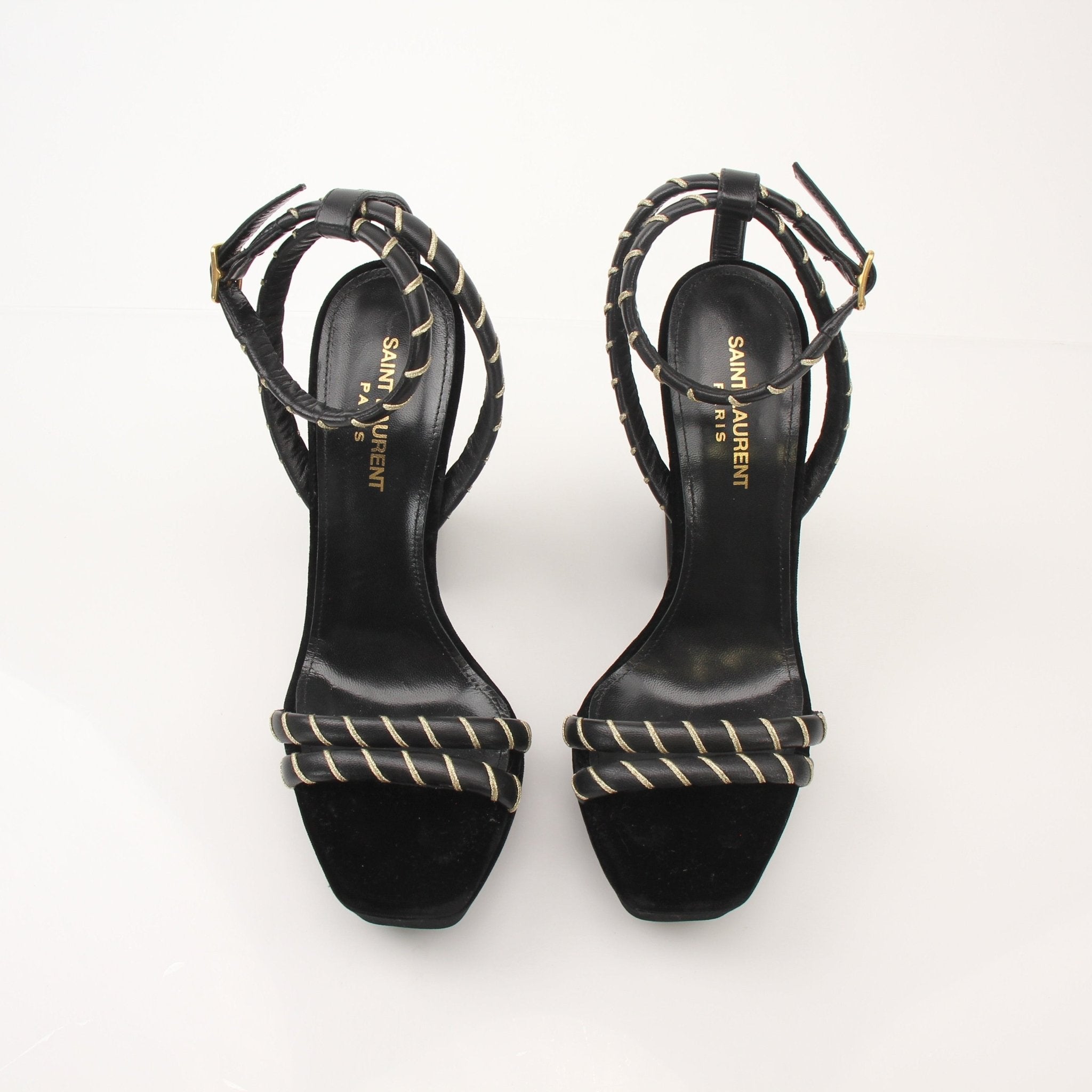 Gold & Beyond Saint Laurent Debbie ankle strap platform sandals for women, showing the stylish heels with ankle straps and high soles.