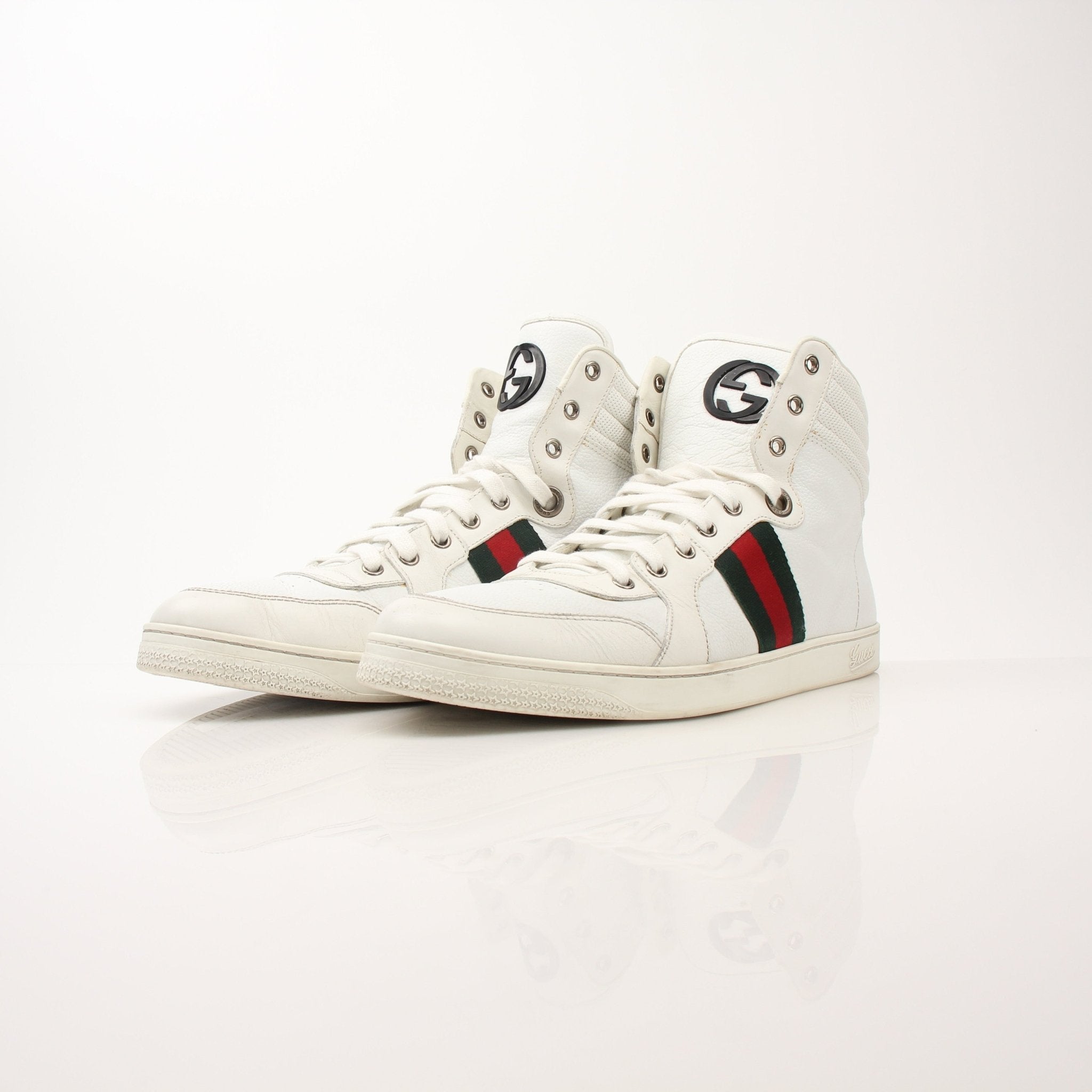 Gold & Beyond Gucci men's signature high-top sneakers with black and white design, featuring the iconic logo on the side.