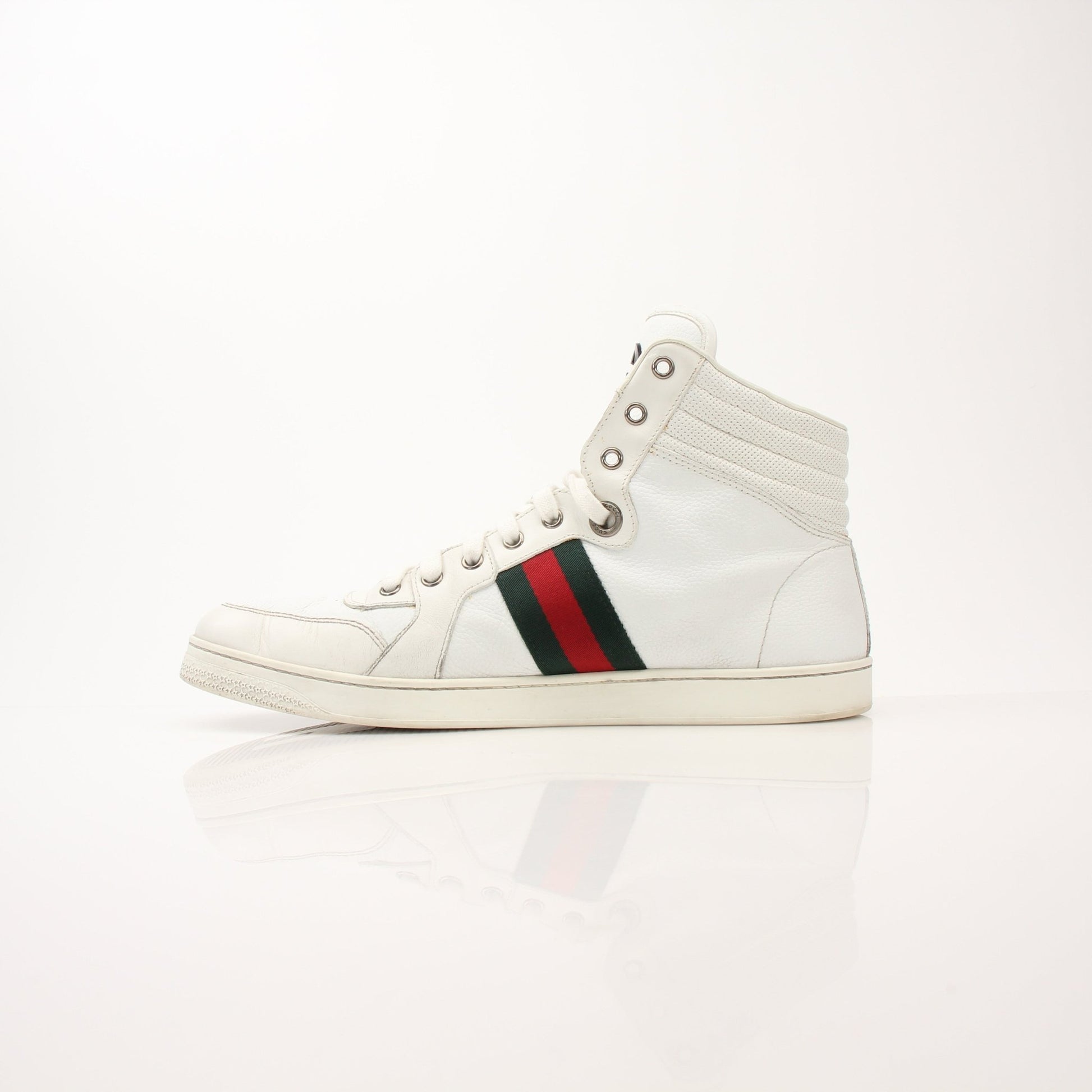 Gold & Beyond Gucci men's signature high-top sneakers with white and black design, stylish shoes with logo details.