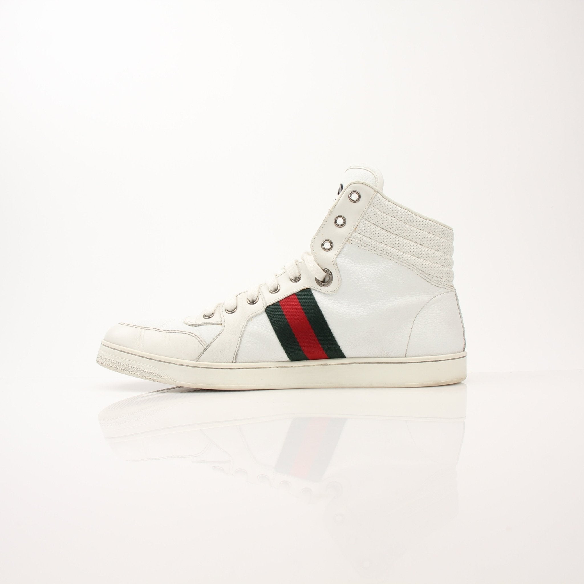 Gold & Beyond Gucci men's signature high-top sneakers with white and black design, stylish shoes with logo details.