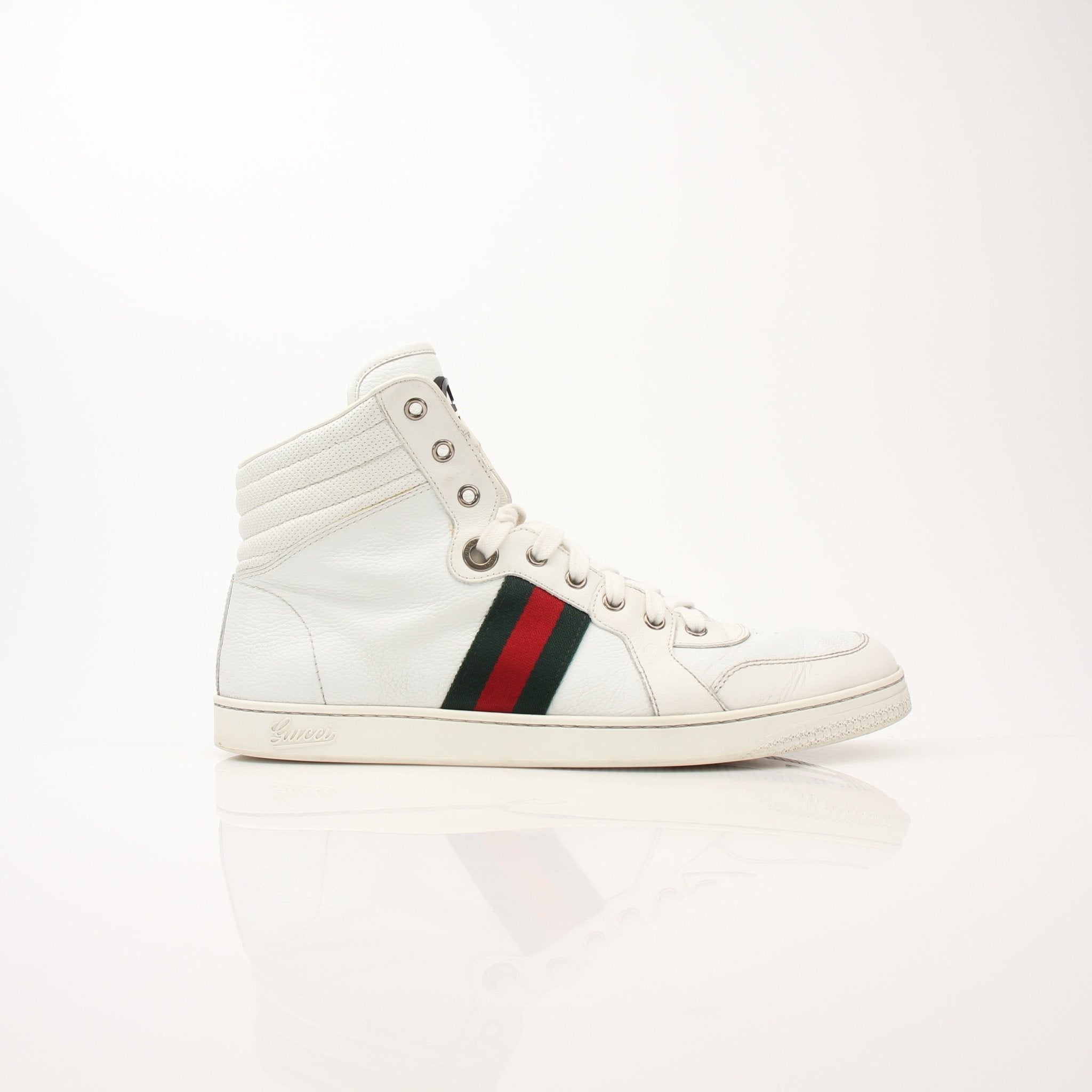 Gold & Beyond Gucci men's signature high-top sneakers featuring stylish design and iconic branding in a close-up shot.