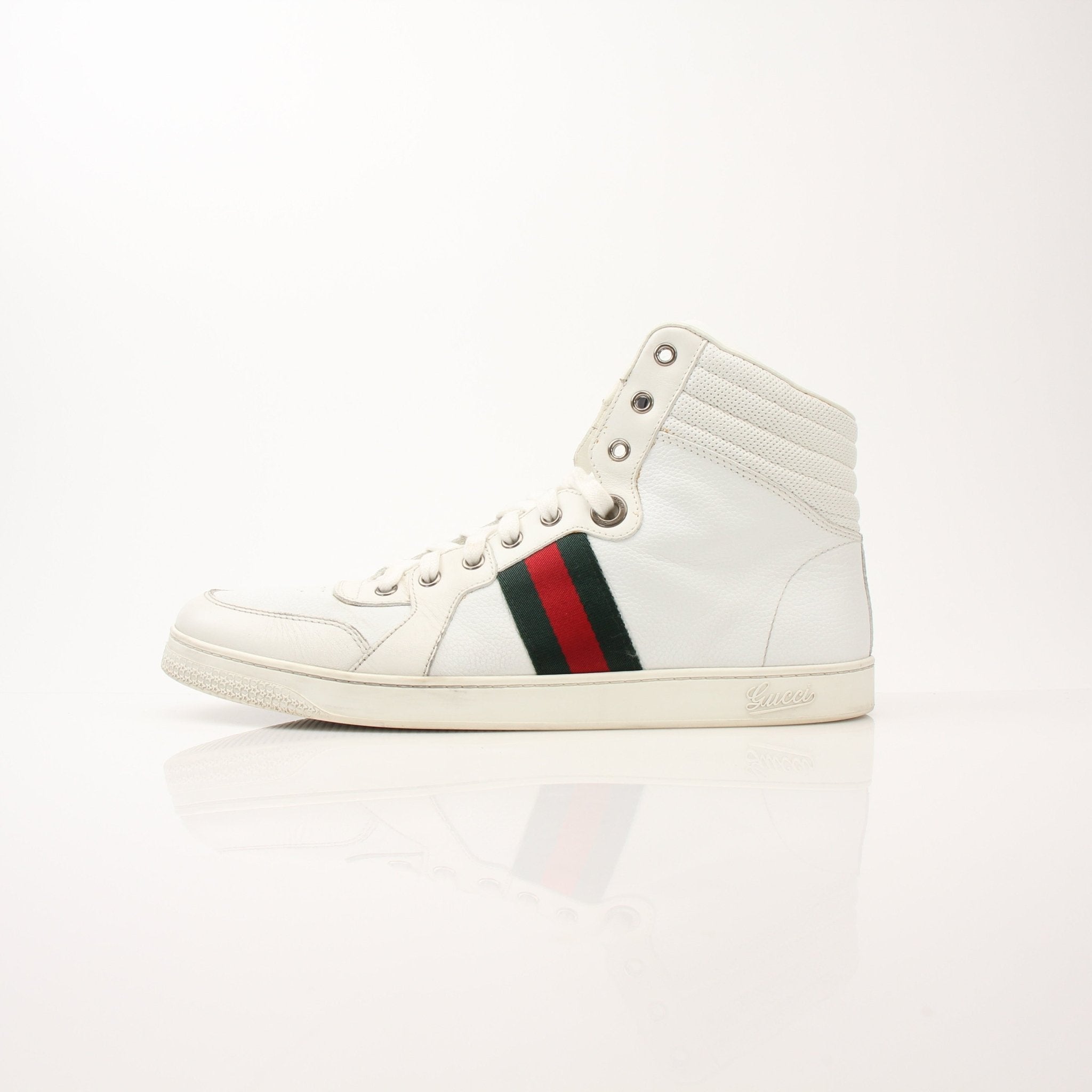 Gold & Beyond Gucci men's signature high-top sneakers with black and white design, showcasing laces and stylish branding.