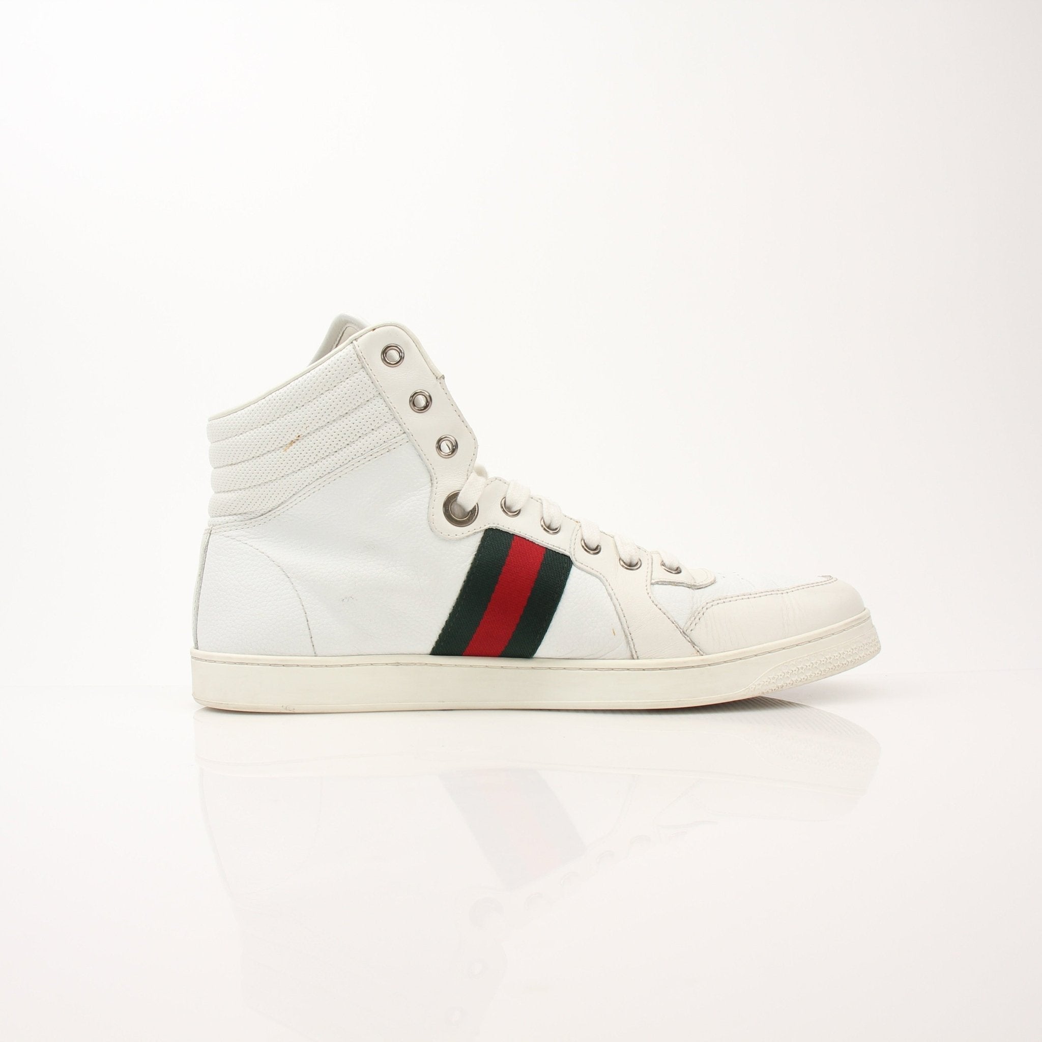 Gold & Beyond Gucci men's signature high-top sneakers with white leather and logo accents, stylish footwear for men.