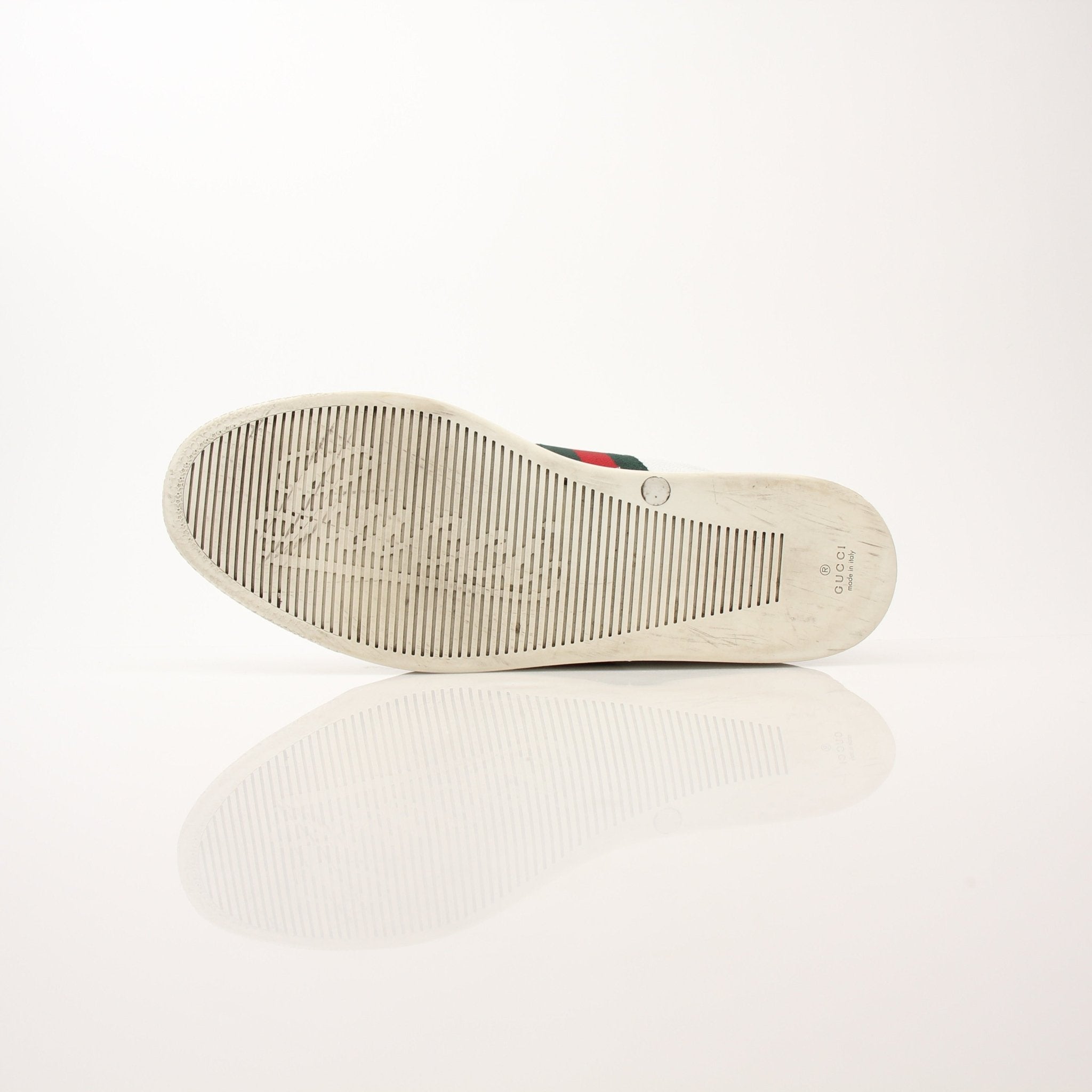 Gold & Beyond men's Gucci signature high-top sneakers with white laces and iconic logo on a clean white background.