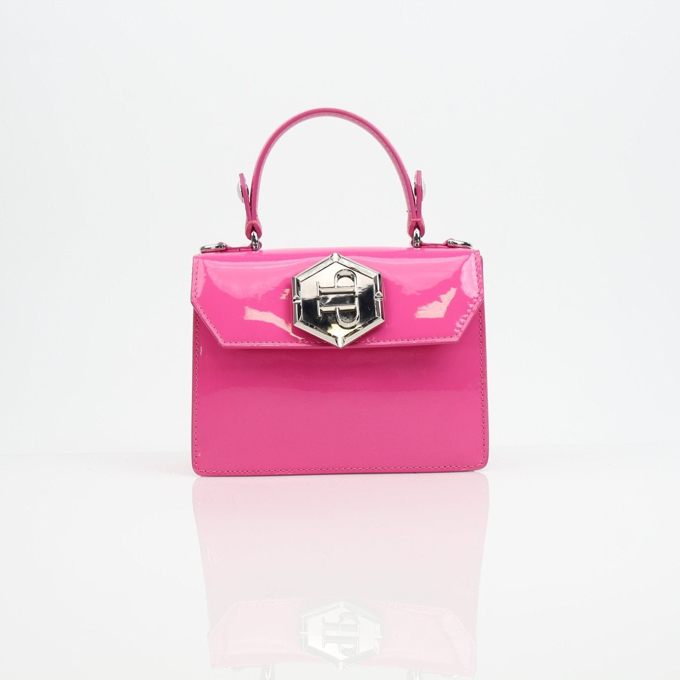 Pink patent Philipp Plein top handle handbag with gold accents, stylish and luxurious for everyday or evening use.