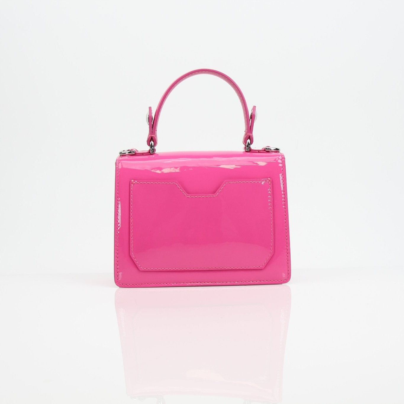Pink patent top handle handbag by Philipp Plein featuring gold accents and structured design.