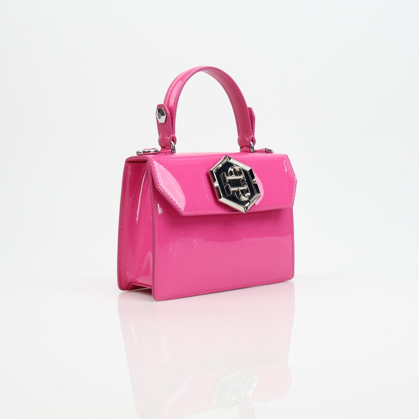 Pink patent leather Philipp Plein handbag with top handle and gold accents, stylishly displayed against a neutral background.