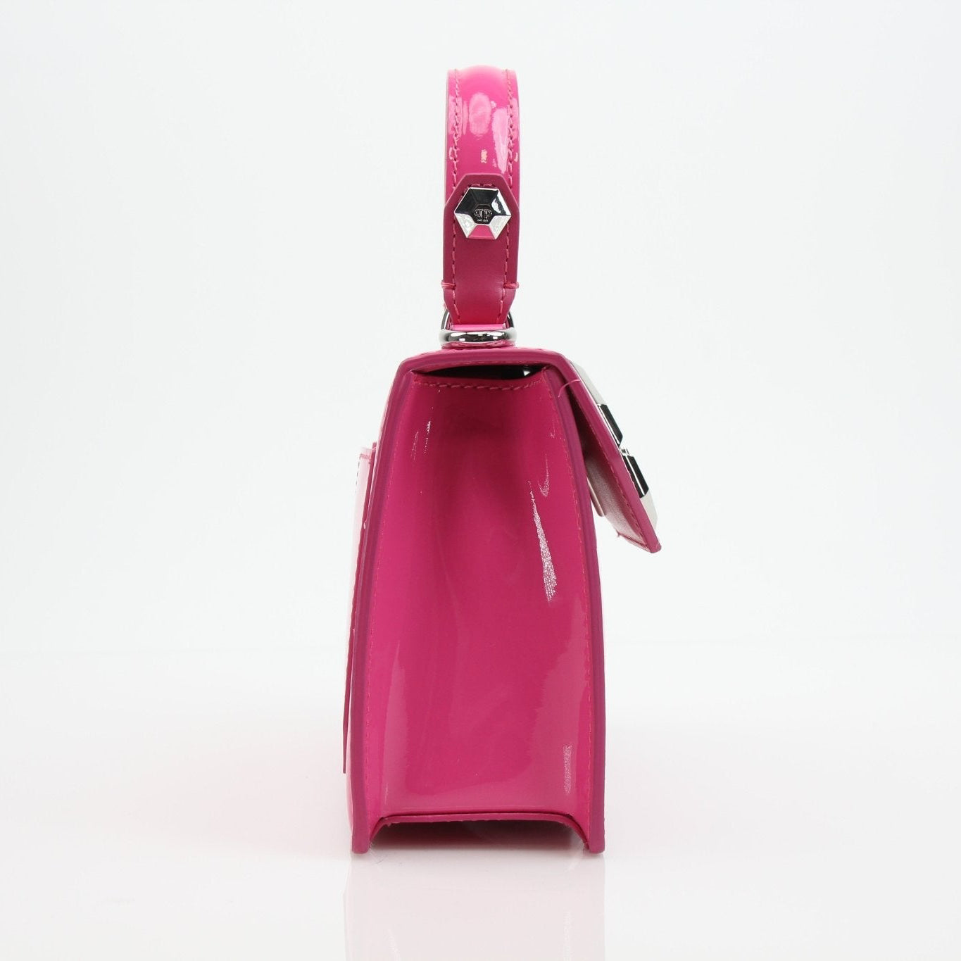 Pink patent Philipp Plein top handle handbag with gold accents, stylish and elegant for everyday use.