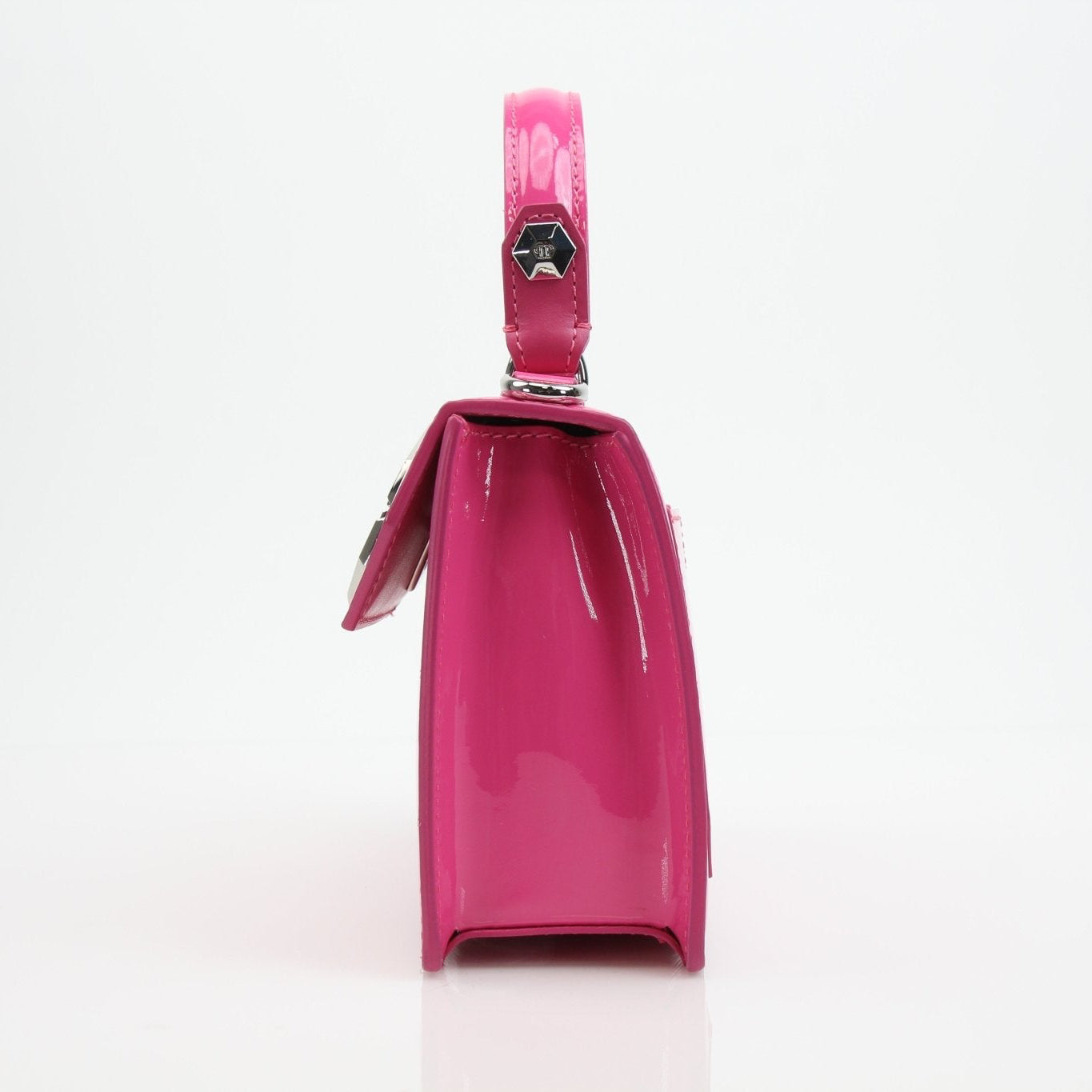 Pink patent top handle handbag by Philipp Plein with gold accents, stylish and elegant for everyday or special occasions.