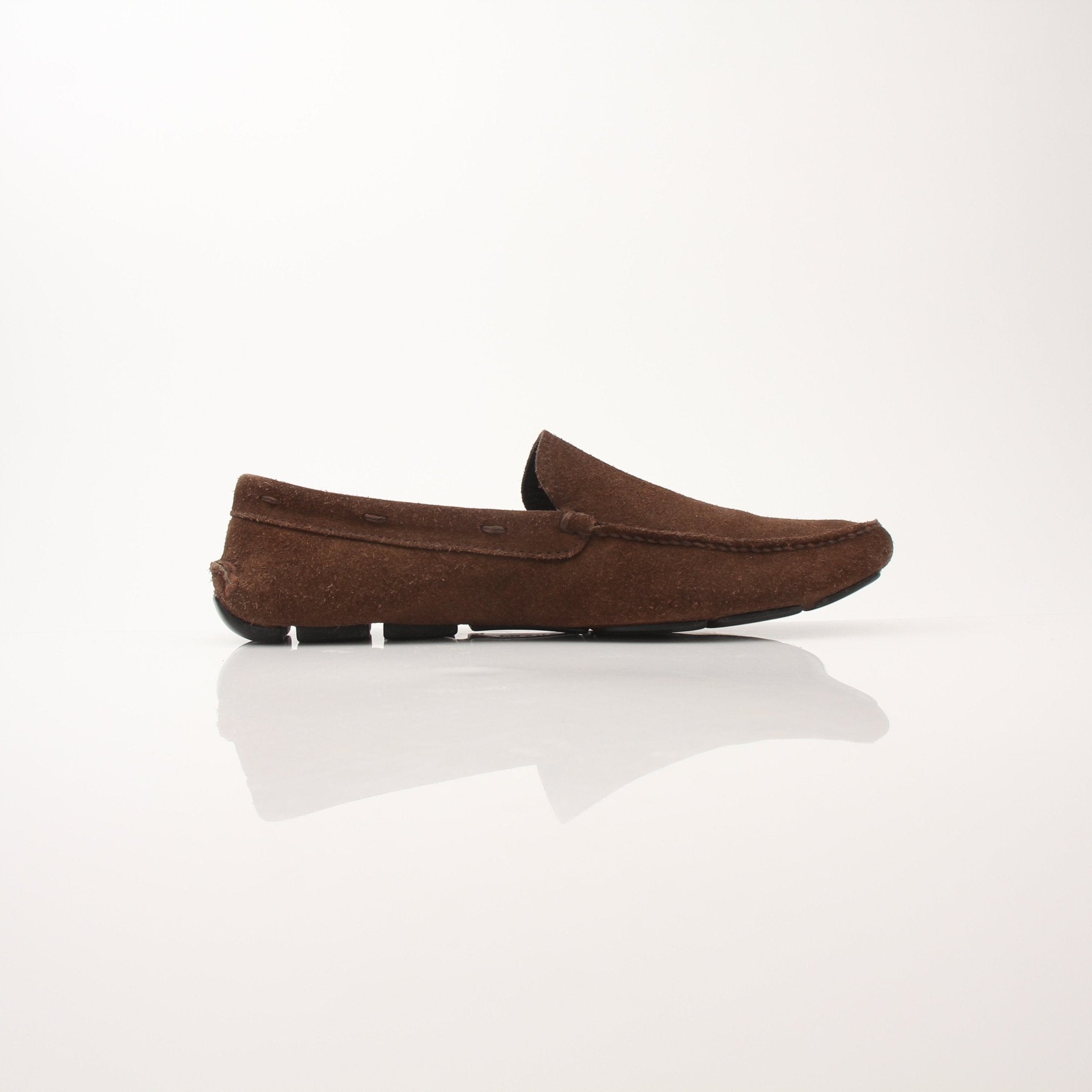 Gold & Beyond Prada men's driving suede loafers, stylish slip-on shoes for casual and smart occasions.