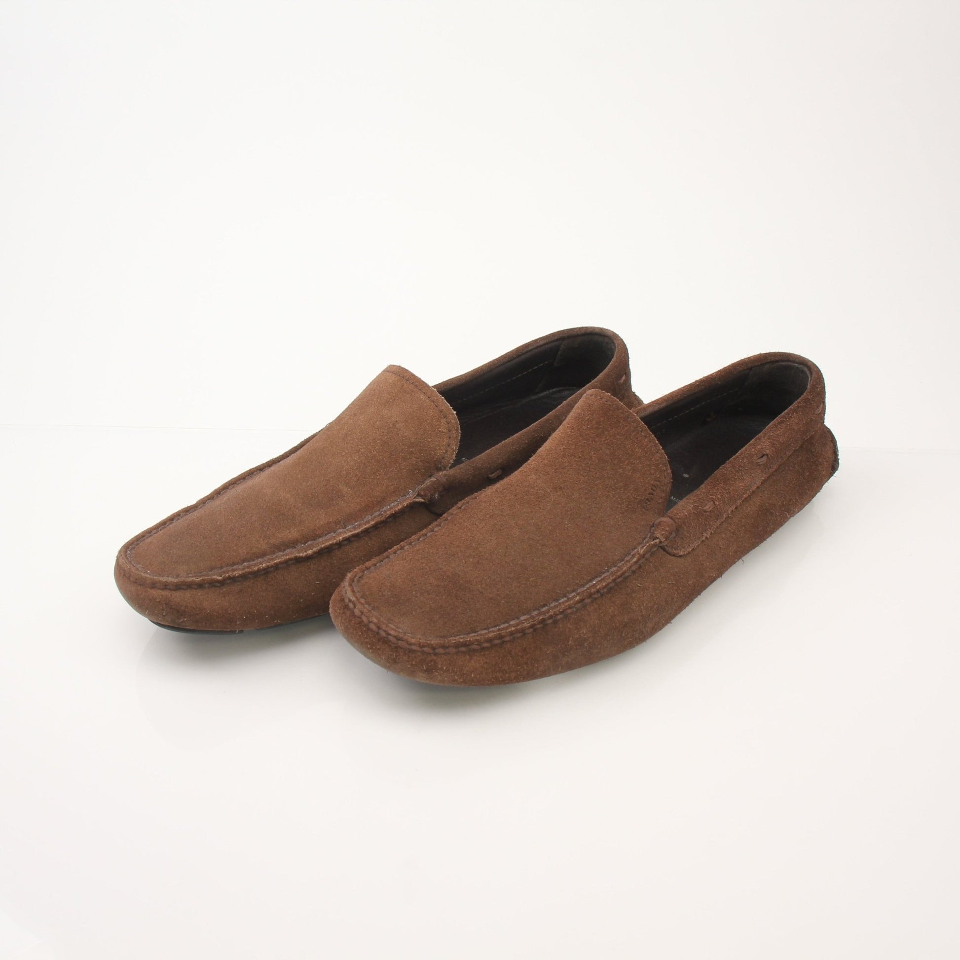 Gold & Beyond Prada men's driving suede loafers, stylish shoes with a sleek design and comfortable fit, suitable for casual and smart occasions.