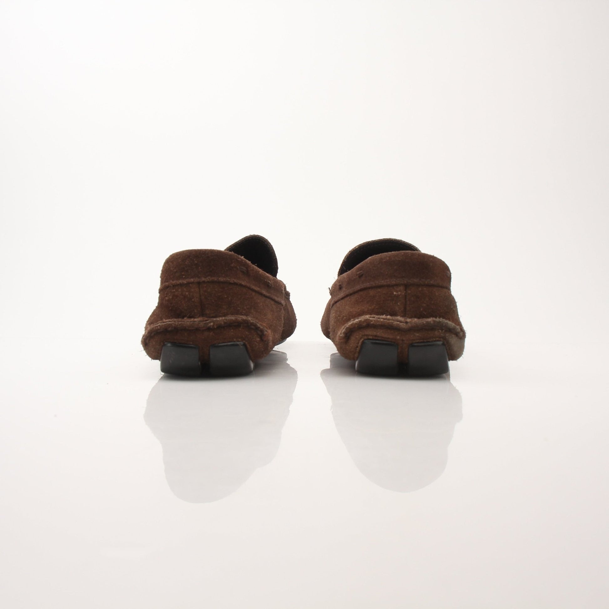 Gold & Beyond Prada men's driving suede loafers, stylish slip-on shoes with sleek design and comfortable fit.