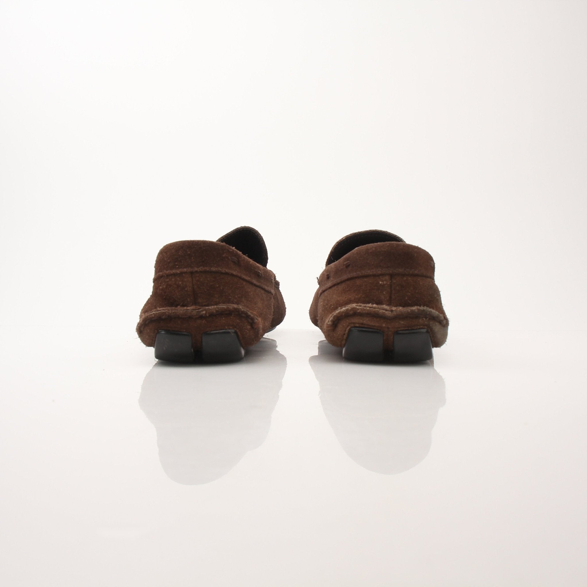 Gold & Beyond Prada men's driving suede loafers, stylish slip-on shoes with sleek design and comfortable fit.