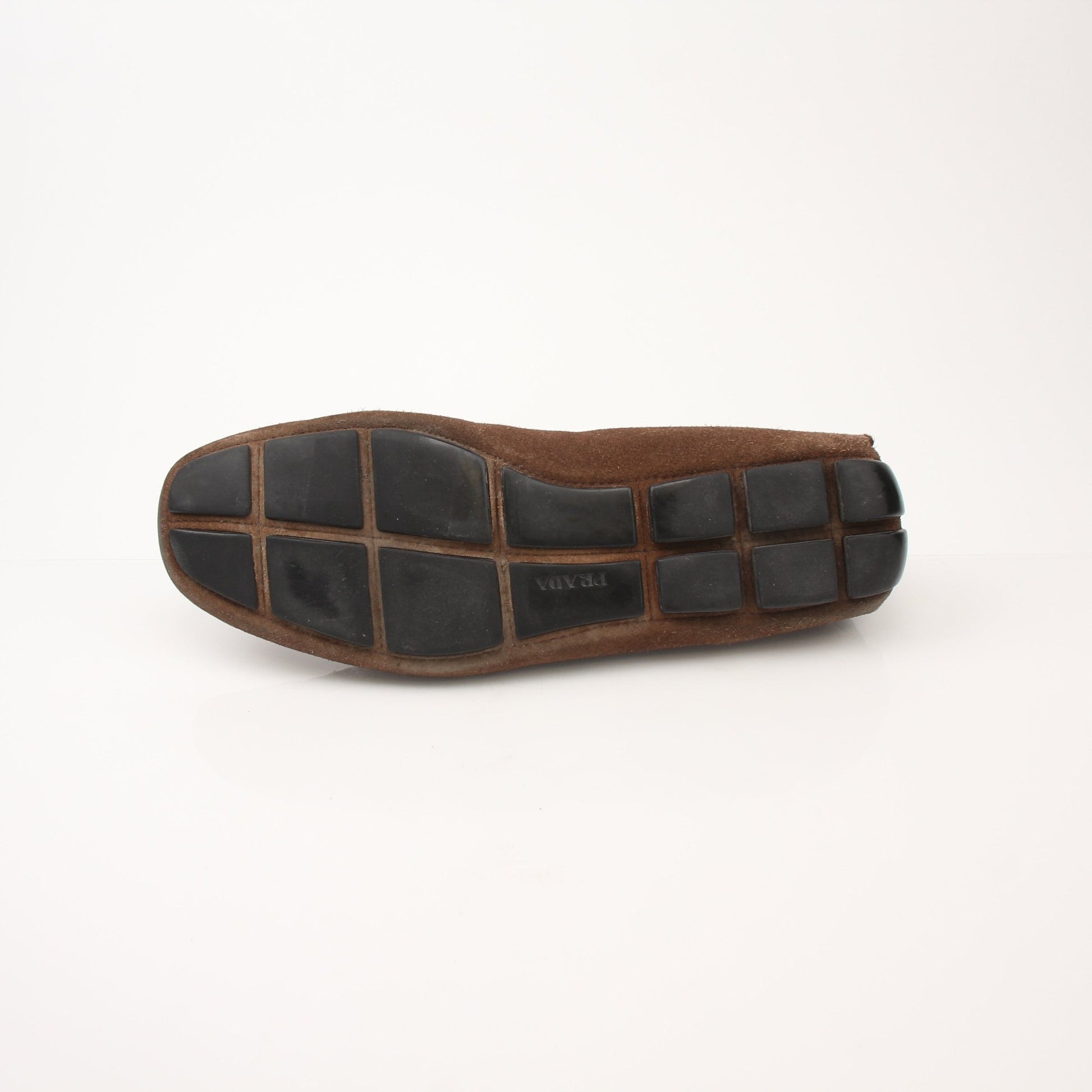 Gold & Beyond Prada men's driving suede loafers, stylish slip-on shoes with sleek design and smooth suede finish.