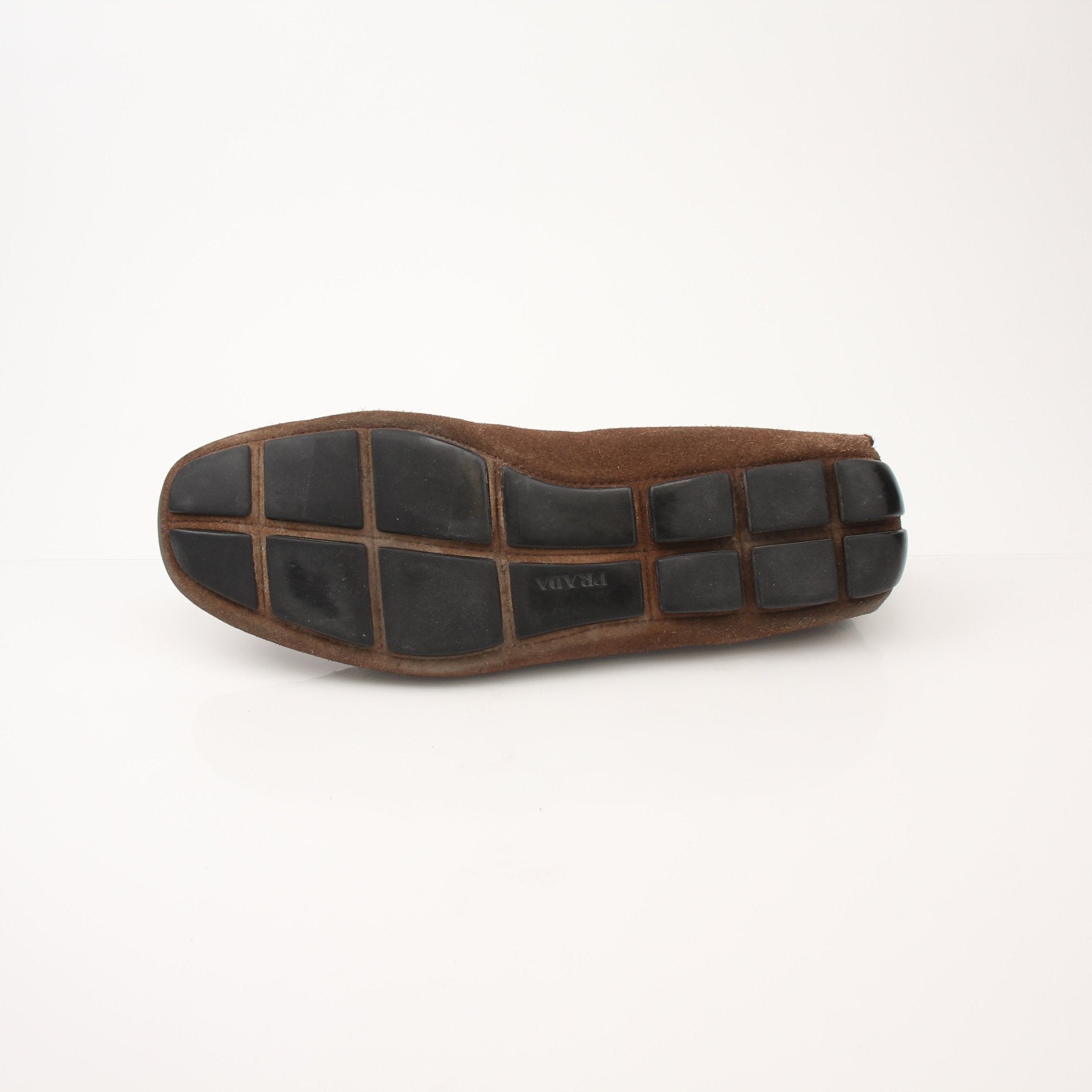 Gold & Beyond Prada men's driving suede loafers, stylish slip-on shoes with sleek design and smooth suede finish.