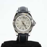 Breitling Galactic 41 watch with stainless steel case, black dial, and silver bracelet, showcasing luxury timepiece design.
