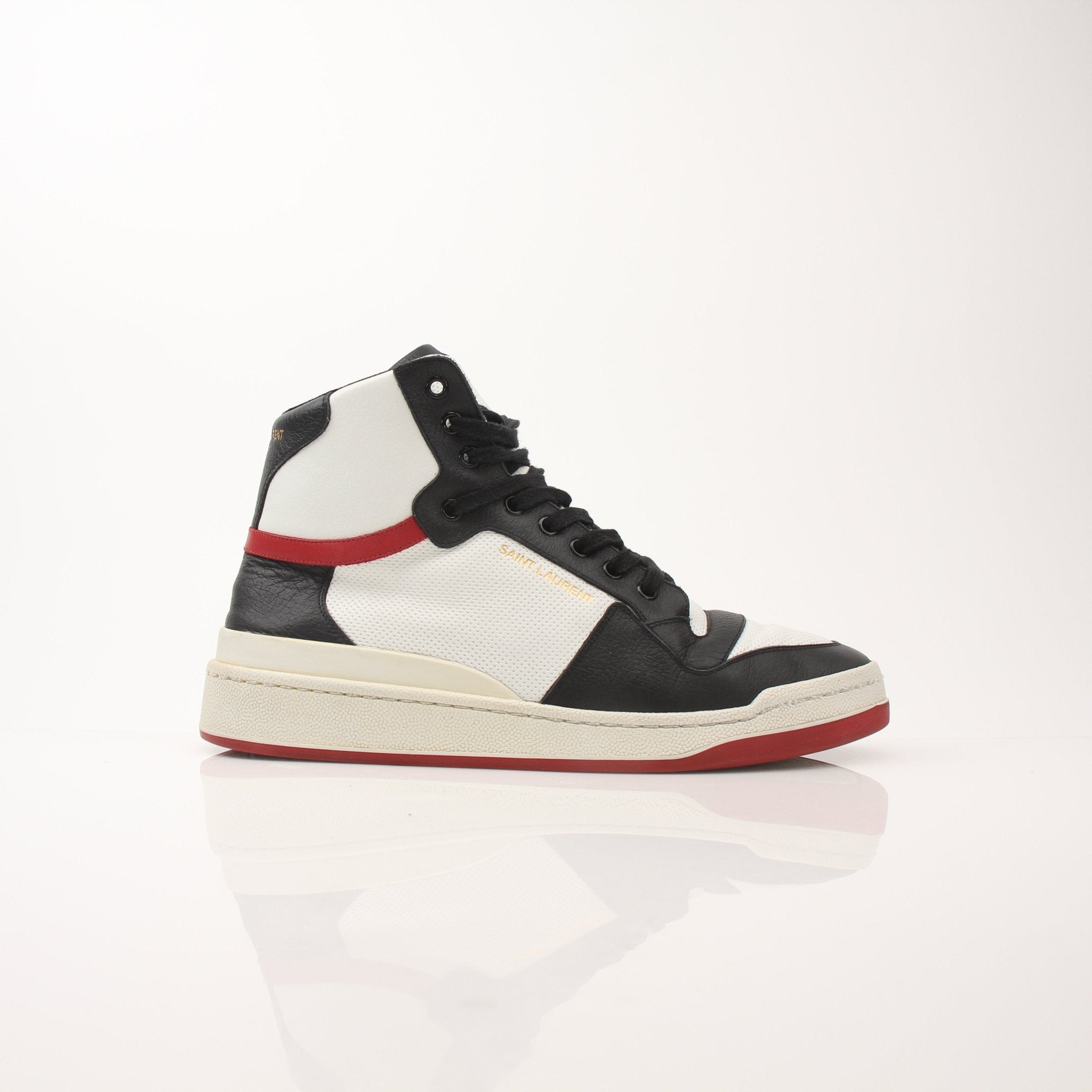 Gold & Beyond Saint Laurent Men's SL-24 leather sneakers, stylish black shoes with white soles, casual and sleek footwear.