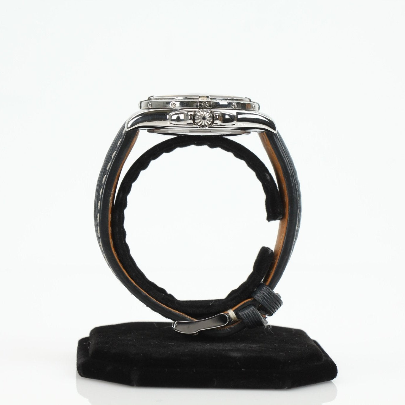 Gold Breitling Galactic 41 watch with stainless steel bracelet and black dial, showcasing elegant design and chronograph features.