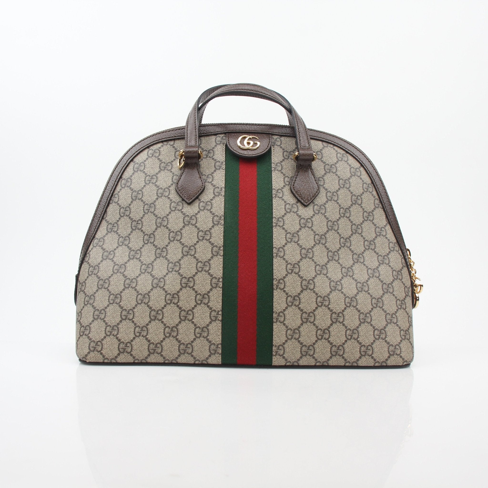 Gucci beige and ebony Ophidia GG medium top handle handbag with gold hardware and signature pattern, stylish and elegant.