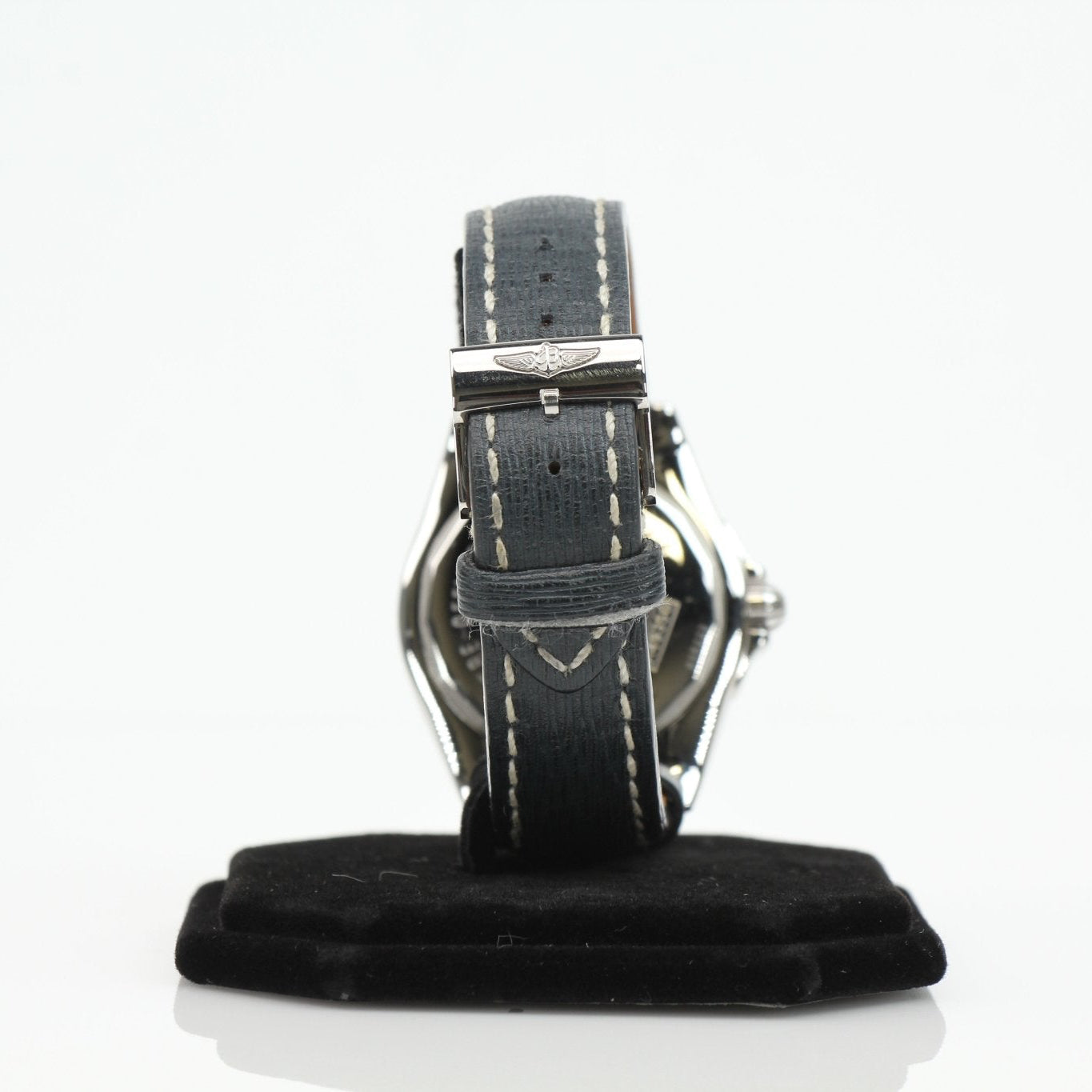 Breitling Galactic 41 watch with stainless steel case and black dial, displayed on a sleek leather strap.
